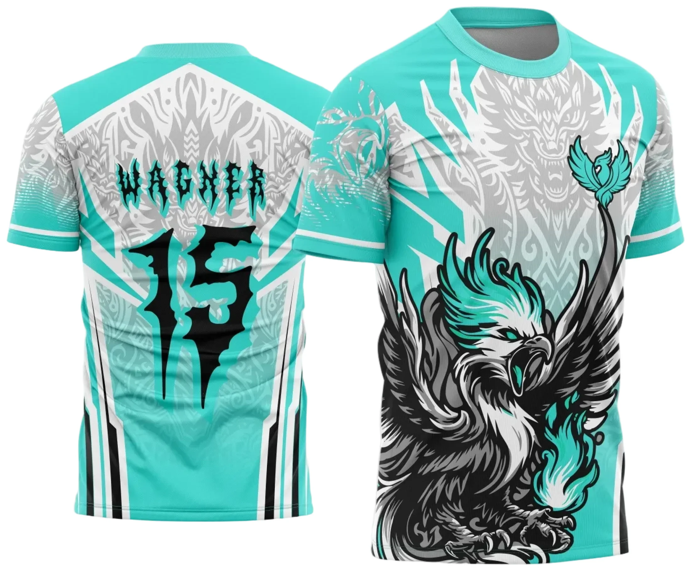 Camiseta unissex preta com logo no peito e estampa grande nas costas mostrando a Fênix, ideal para camisa de interclasse com design marcante e vibrante.