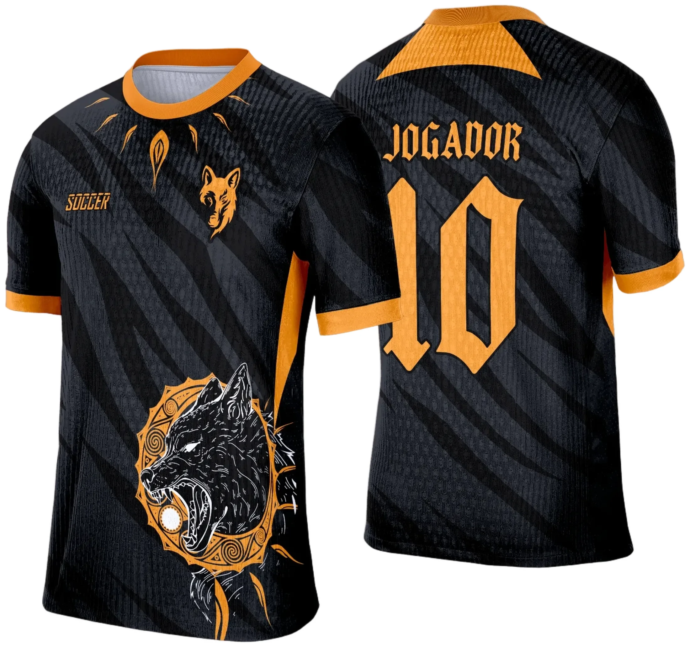 Camiseta preta unissex com logo no peito e estampa grande nas costas com design de lobo na temática de Interclasse, ideal para eventos e uso casual.