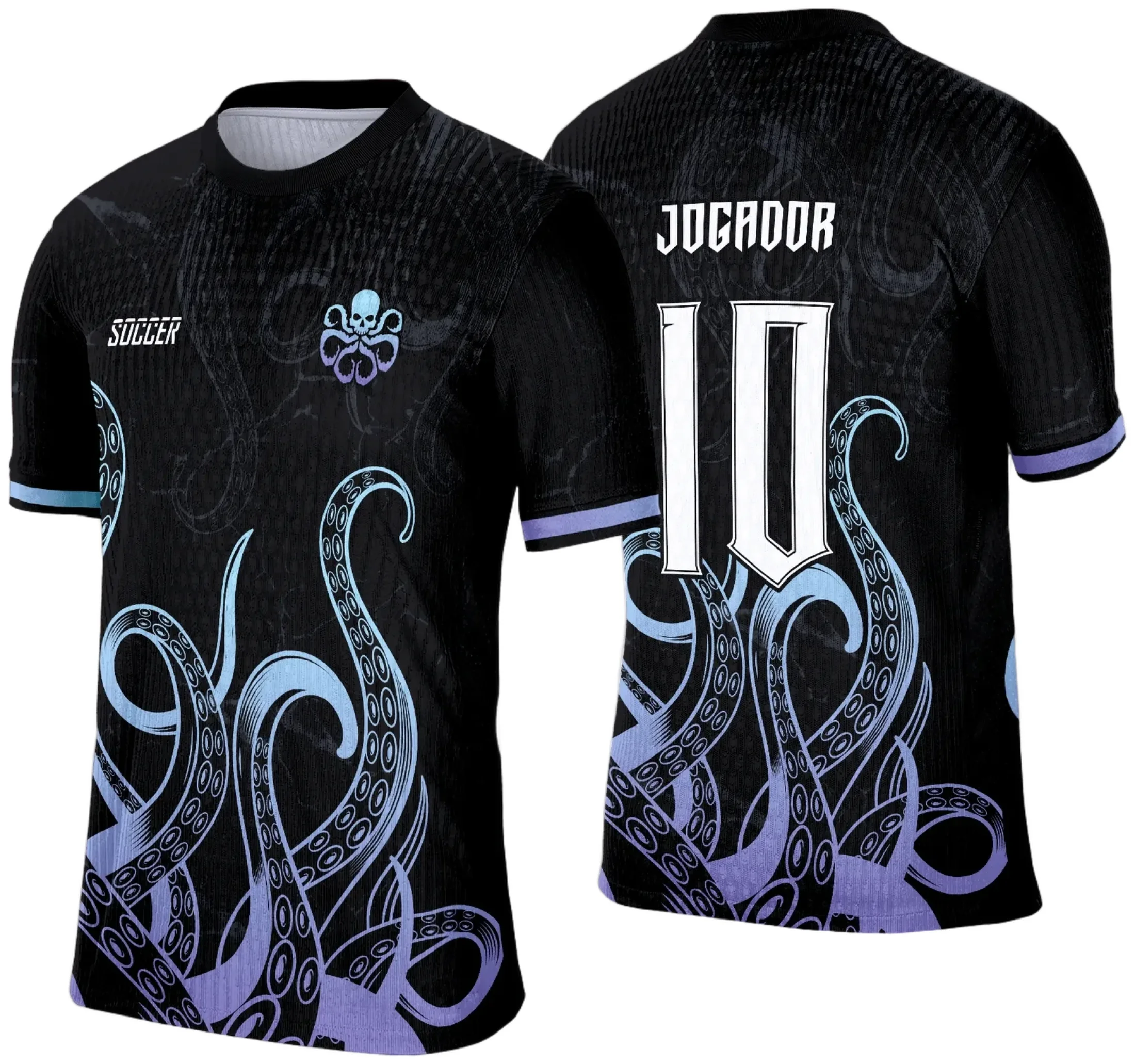 Camiseta unissex preta com logo no peito e estampa grande nas costas mostrando um polvo em design moderno, perfeita para eventos de interclasse com estilo único e marcante.