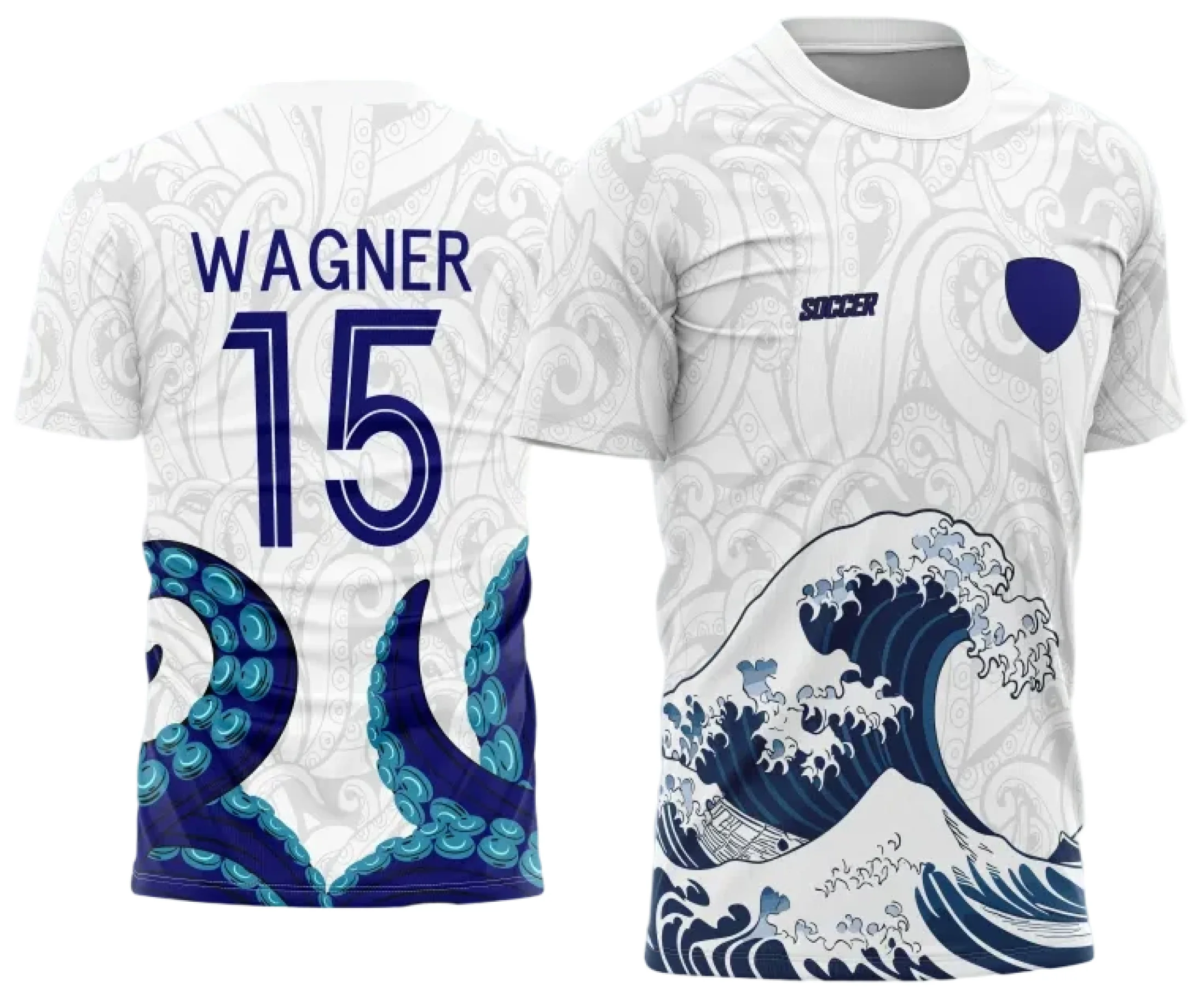 Camiseta unissex preta com logo no peito e estampa grande nas costas de polvo entrelaçado, ideal para fãs de design moderno e eventos escolares.