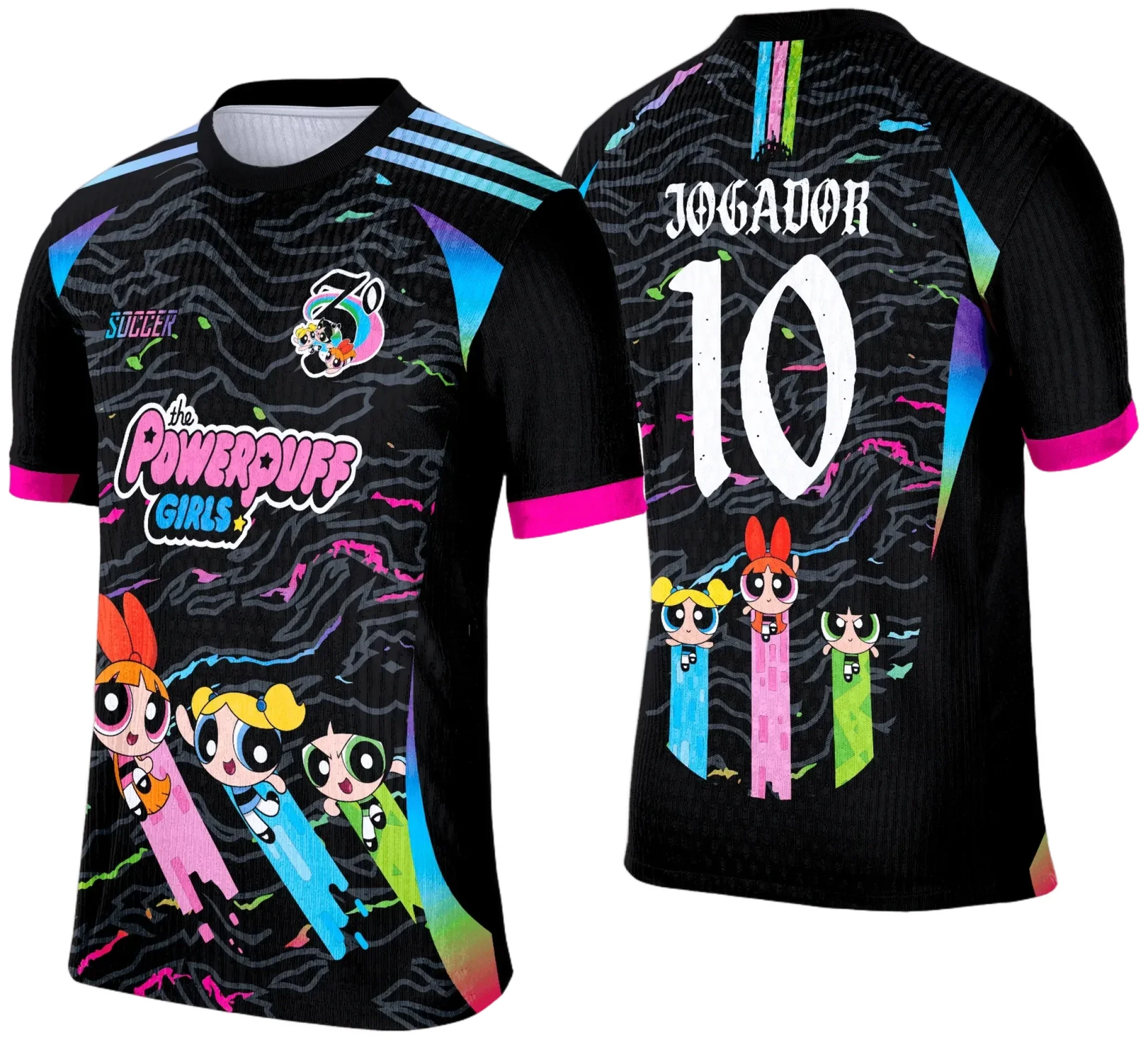 Camiseta unissex preta com logo no peito e estampa grande nas costas das Meninas Super Poderosas 2025, perfeita para eventos escolares e fãs da turma clássica.