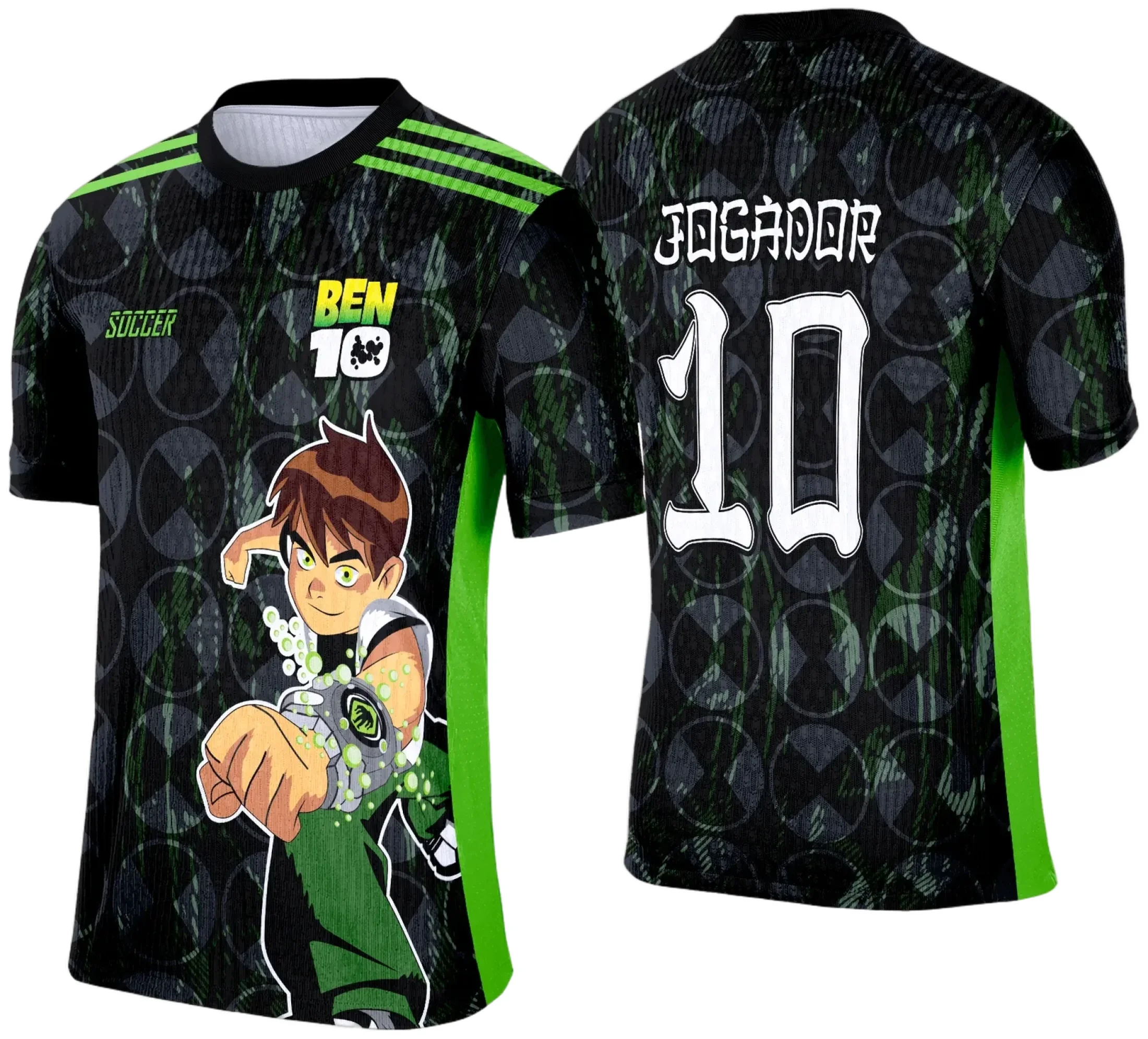 Camiseta unissex preta com logo no peito e estampa grande nas costas inspiradas no Ben 10 2025, perfeita para eventos escolares com visual moderno e marcante.
