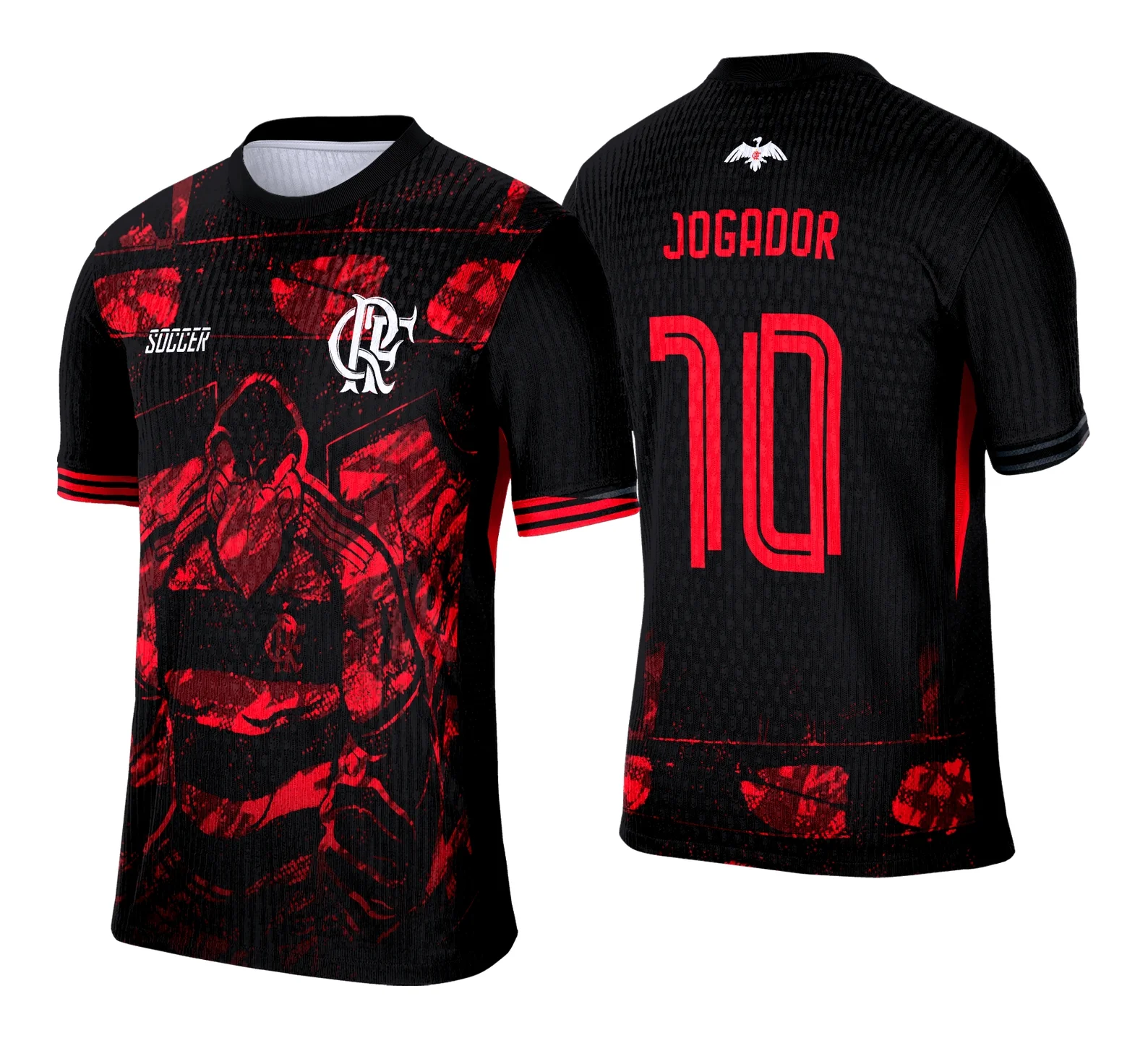 Camiseta unissex preta com logo no peito e estampa grande nas costas inspirada na Camisa de Interclasse Conceito Flamengo 2025, ideal para torcedores e fãs do clube.