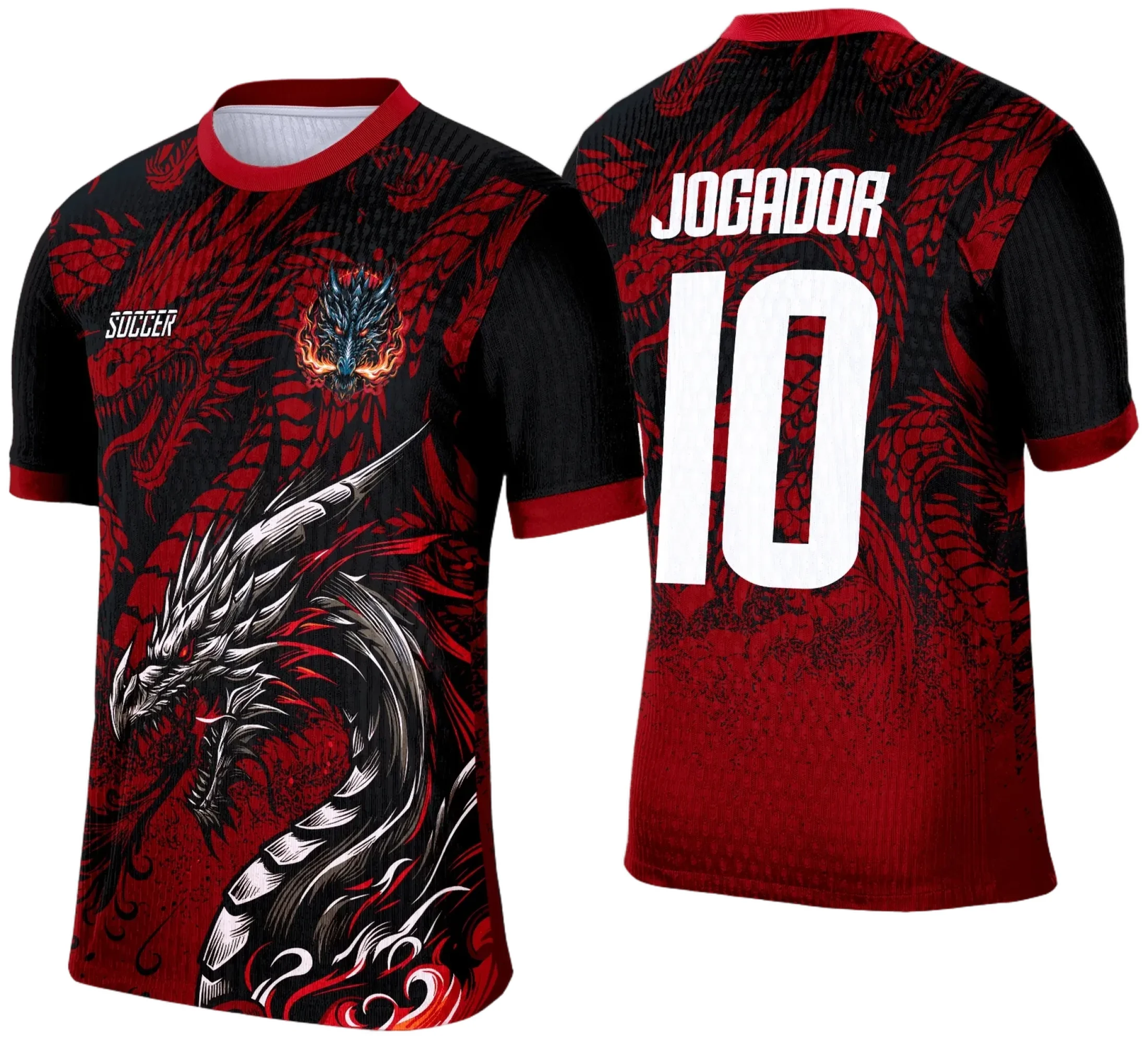 Camiseta unissex preta com logo no peito e estampa grande nas costas do Dragão Vermelho 2025, perfeita para eventos de interclasse e torcedores.