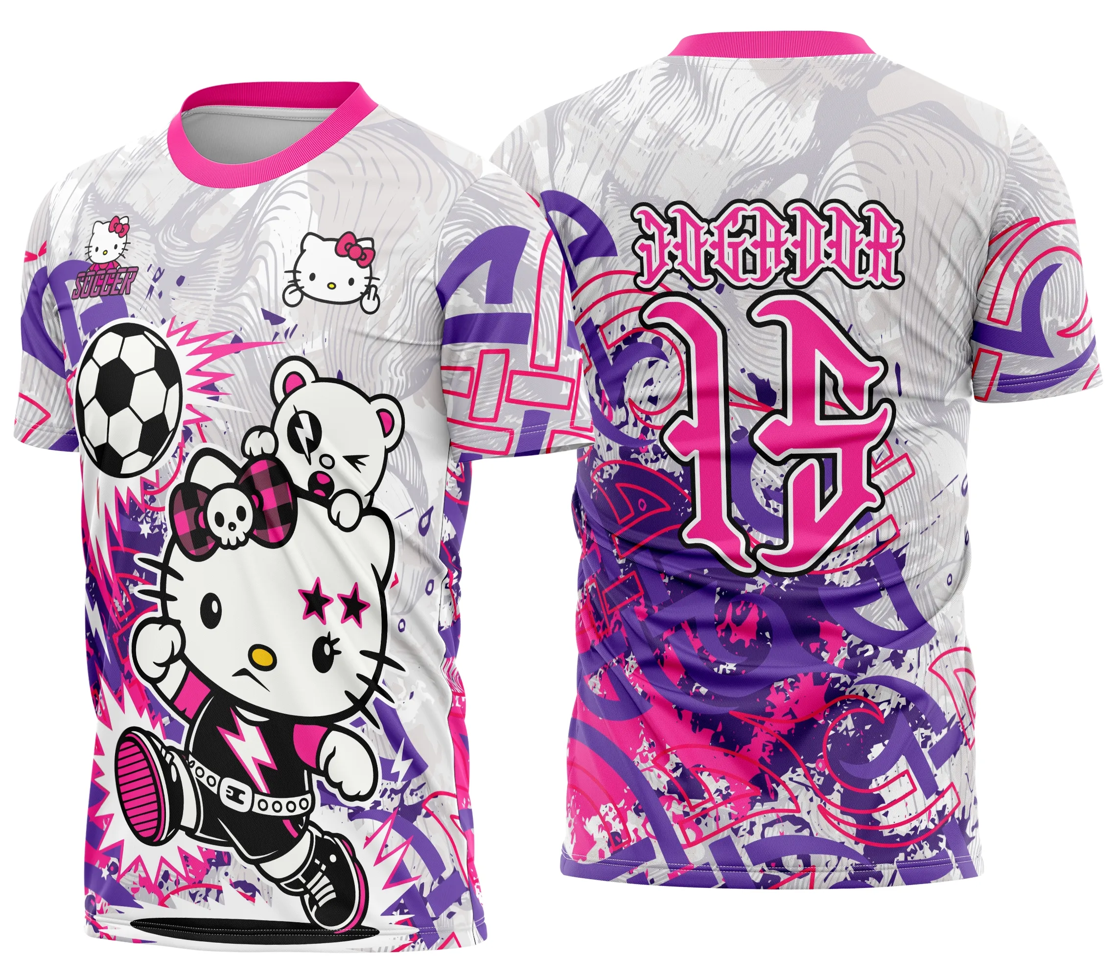 Camiseta unissex preta com logo no peito e estampa grande nas costas da Hello Kitty no estilo punk, ideal para um visual descolado e único.