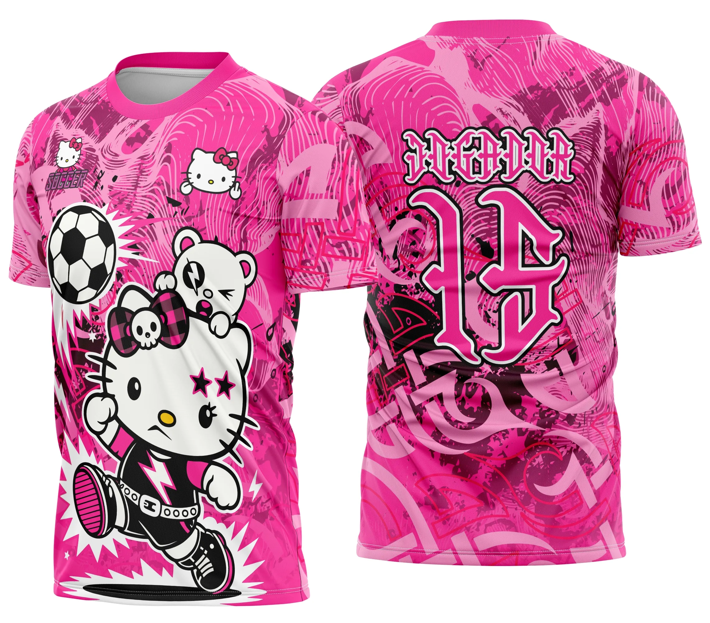 Camiseta unissex preta com logo no peito e estampa grande nas costas com tema Hello Kitty Punk em estilo Interclasse, visual moderno e urbano.