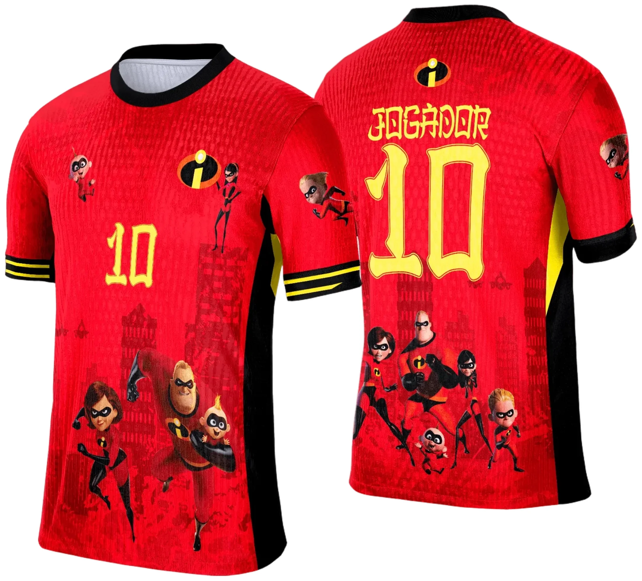 Camiseta unissex com cor base preta, logo no peito e estampa grande nas costas com o tema Camisa de Interclasse Os Incríveis 2025, ideal para eventos e turmas escolares.