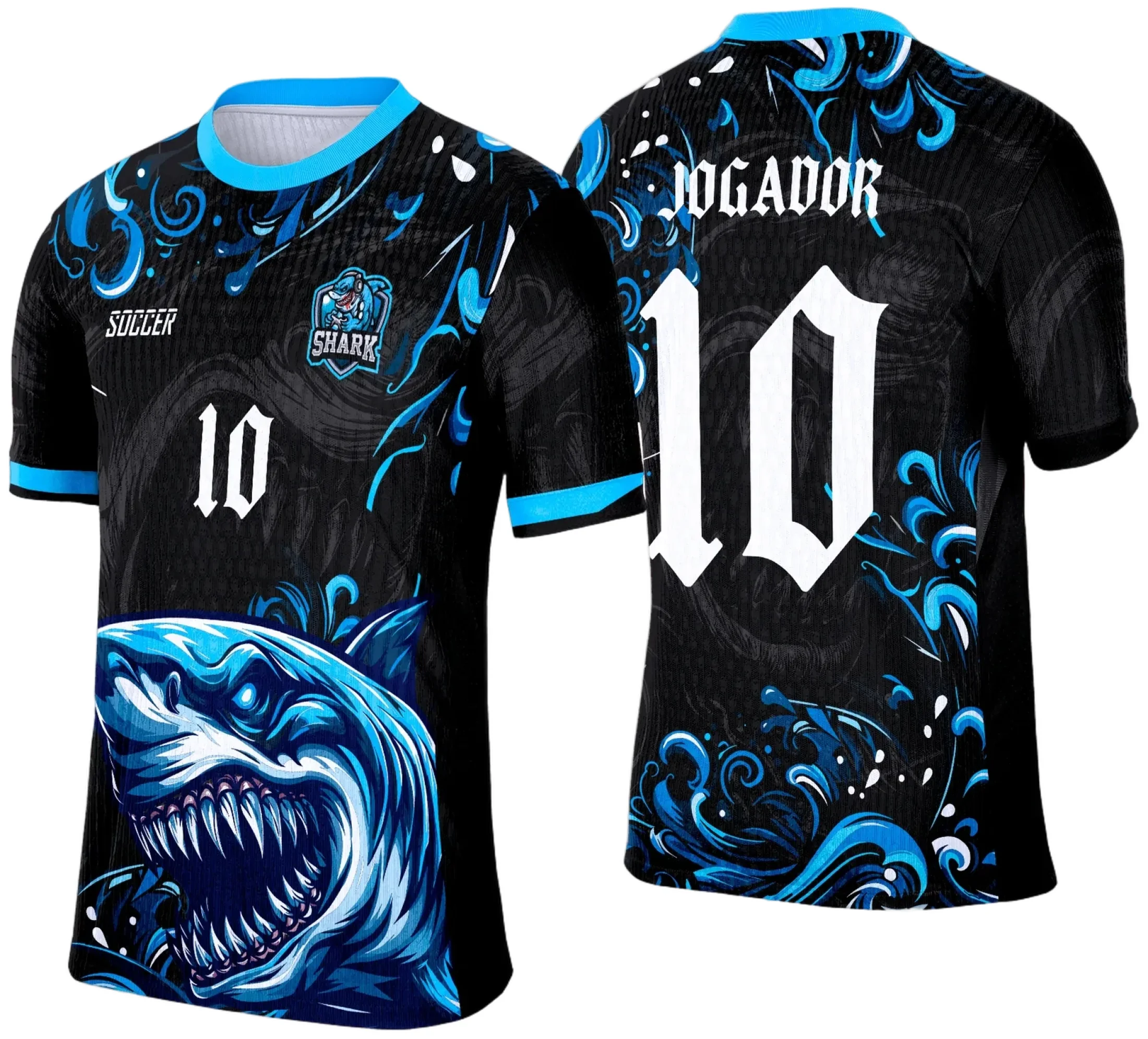 Camiseta unissex preta com logo no peito e estampa grande nas costas que destaca Tubarão 2025, perfeita para eventos e campeonatos interclasse.