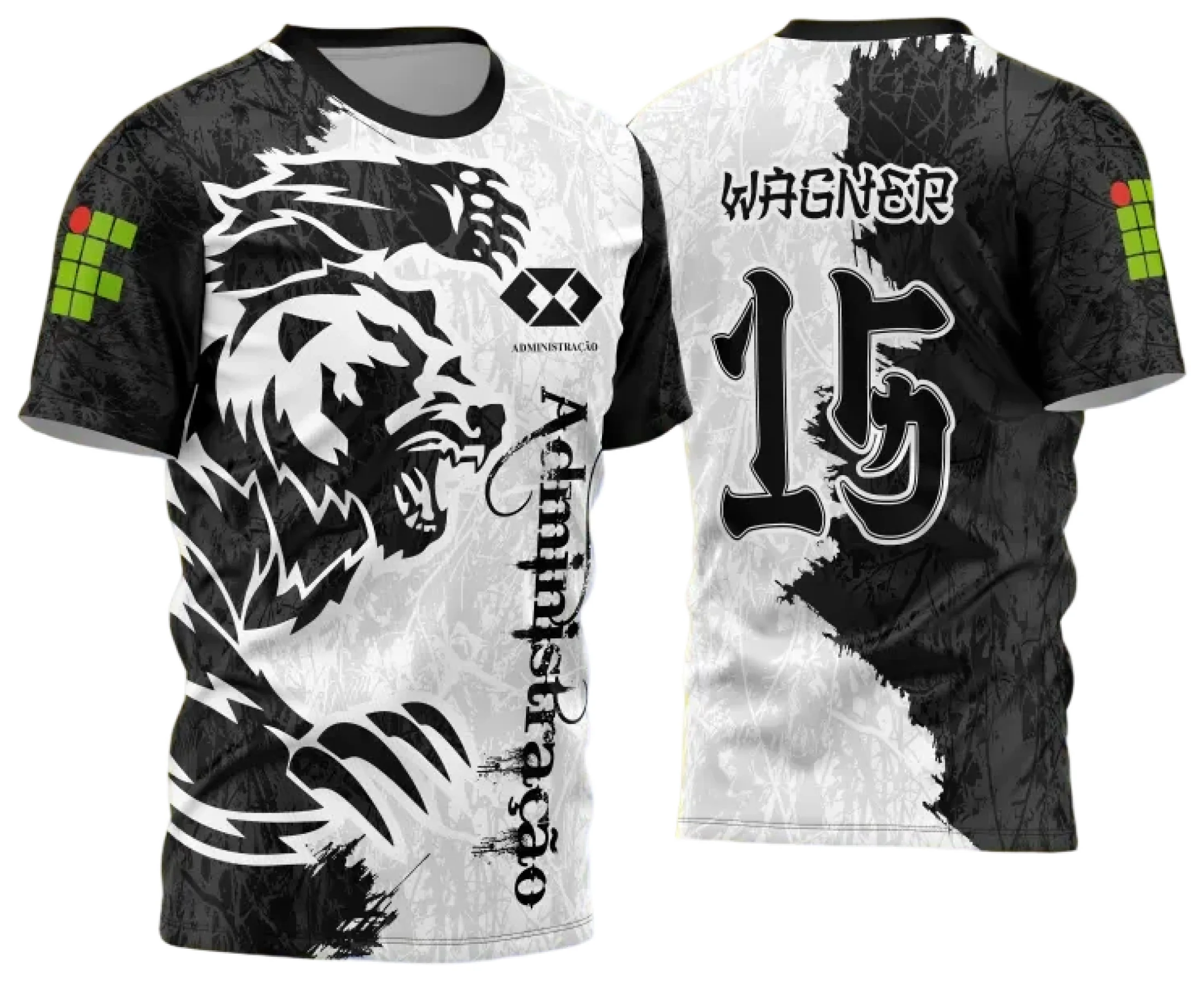 Camiseta unissex com cor preta, logo no peito e estampa grande nas costas com tema de Urso Feroz e Interclasse 2025, estilo moderno e marcante, perfeita para eventos e campeonatos.