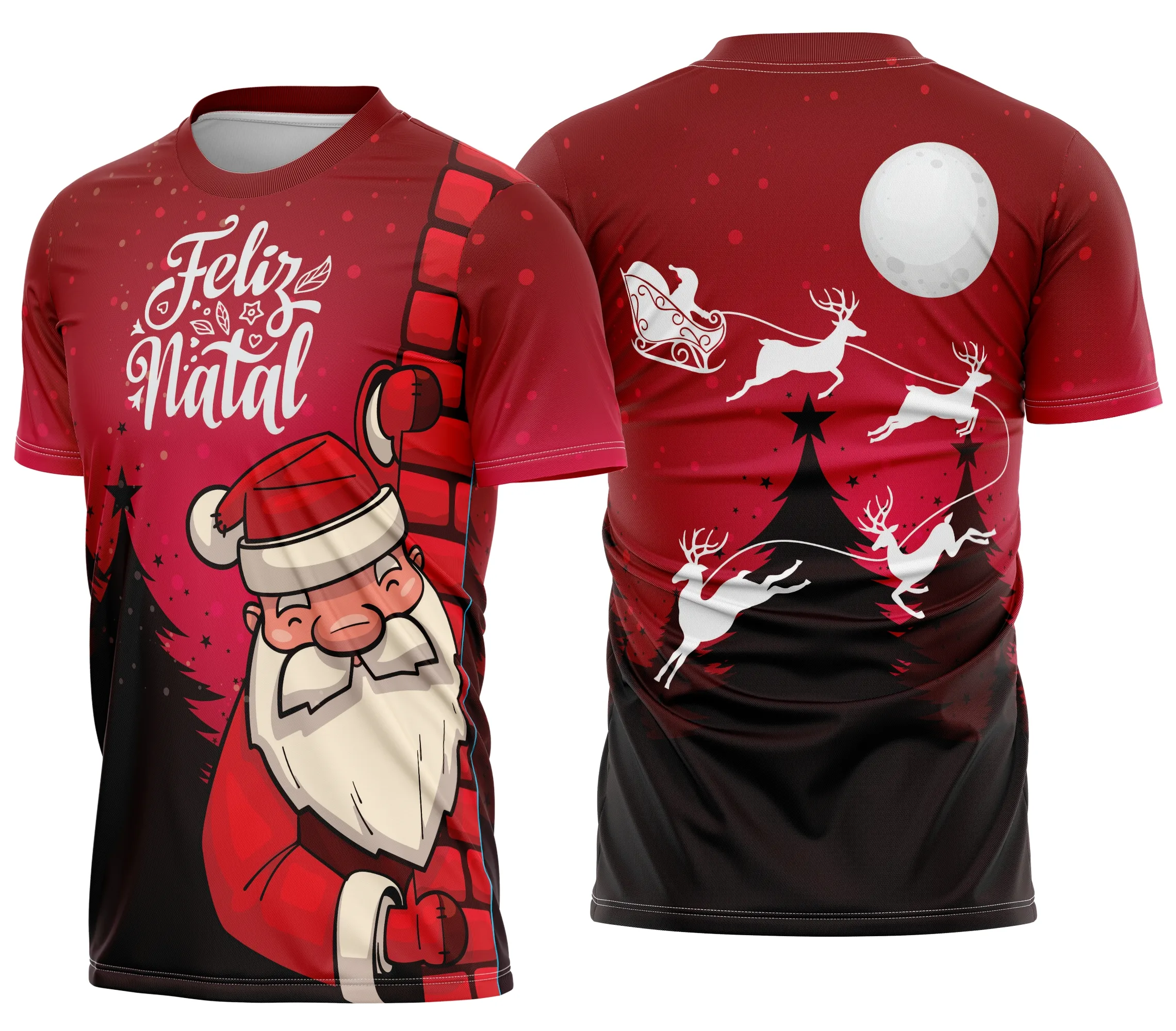 Camiseta unissex branca com logo no peito e estampa grande nas costas com tema de Natal natalino festivo, ideal para ocasiões especiais de fim de ano.