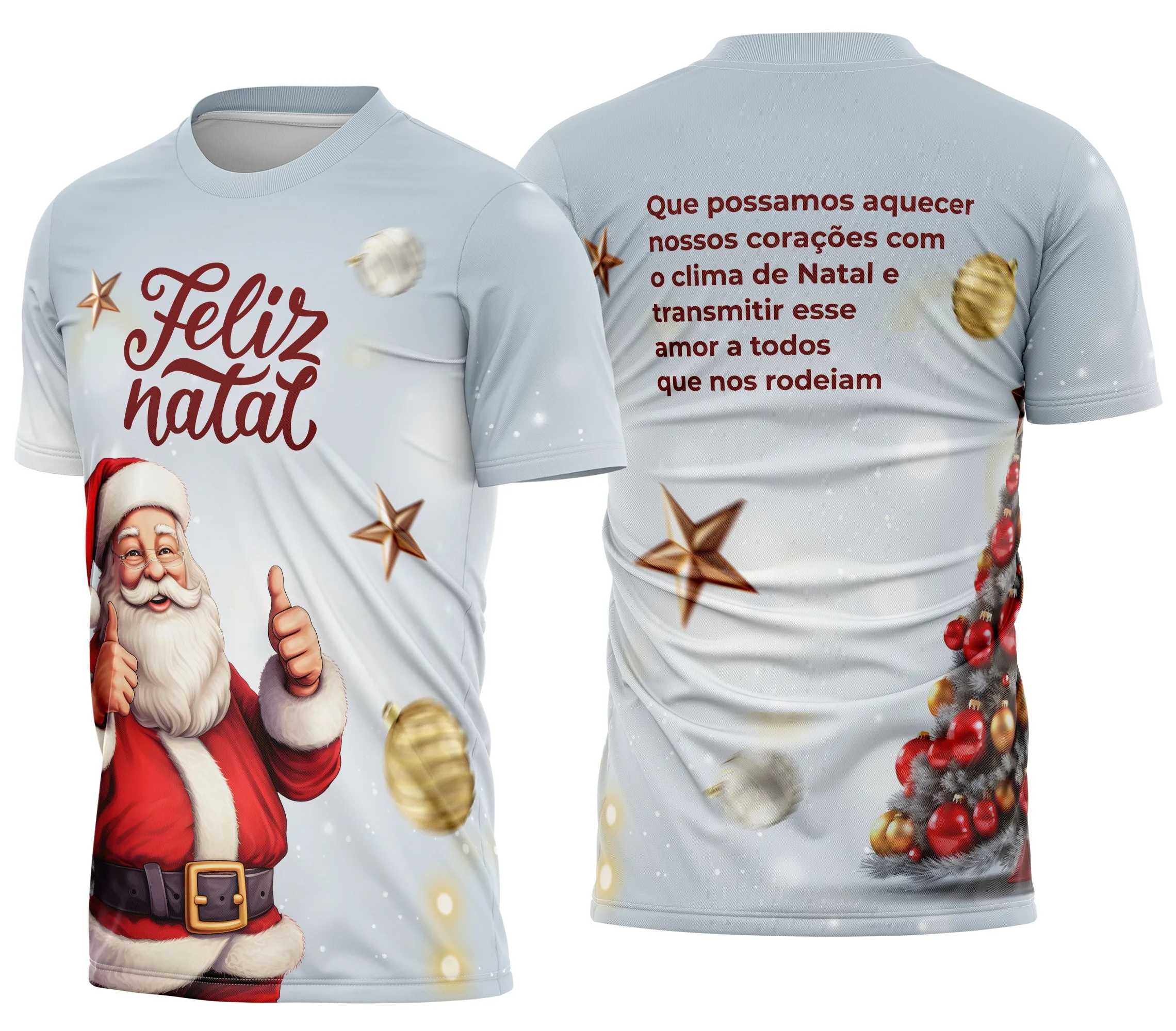 Camiseta unissex branca com logo no peito e estampa grande nas costas com tema de Natal natalino festivo, perfeita para celebrar com estilo e conforto.