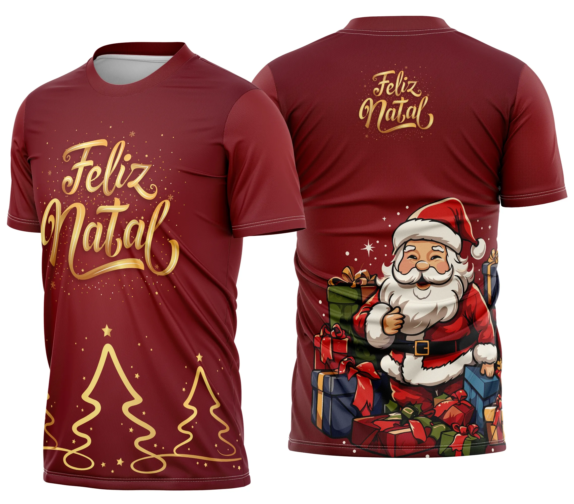 Camiseta unissex preta com logo no peito e estampa grande nas costas com tema de Natal natalina festiva, perfeita para clima de festa e confraternização.