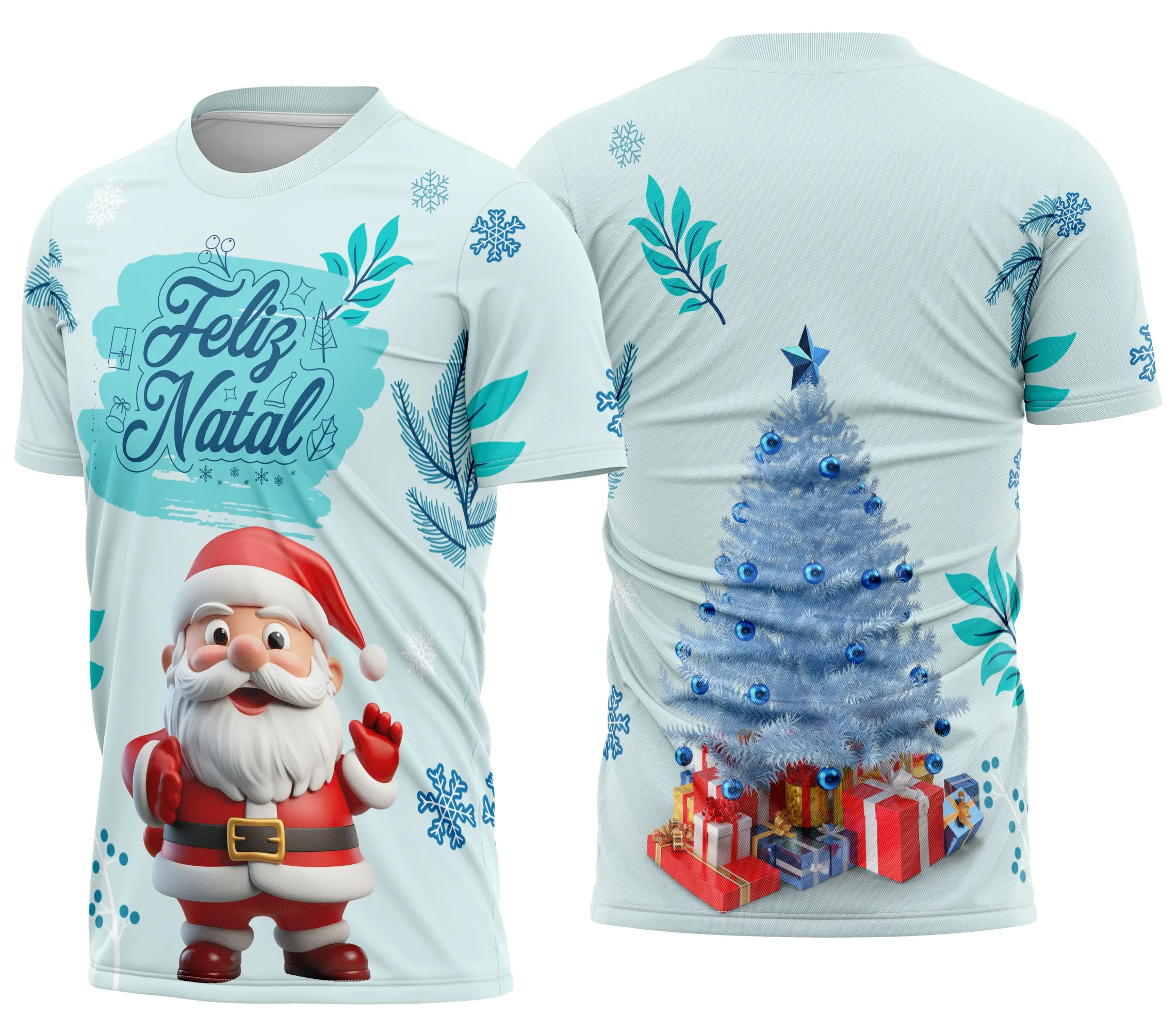Camiseta unissex branca com logo no peito e estampa grande nas costas com tema de Natal Natalina festiva, ideal para o clima alegre e colorido da festa.