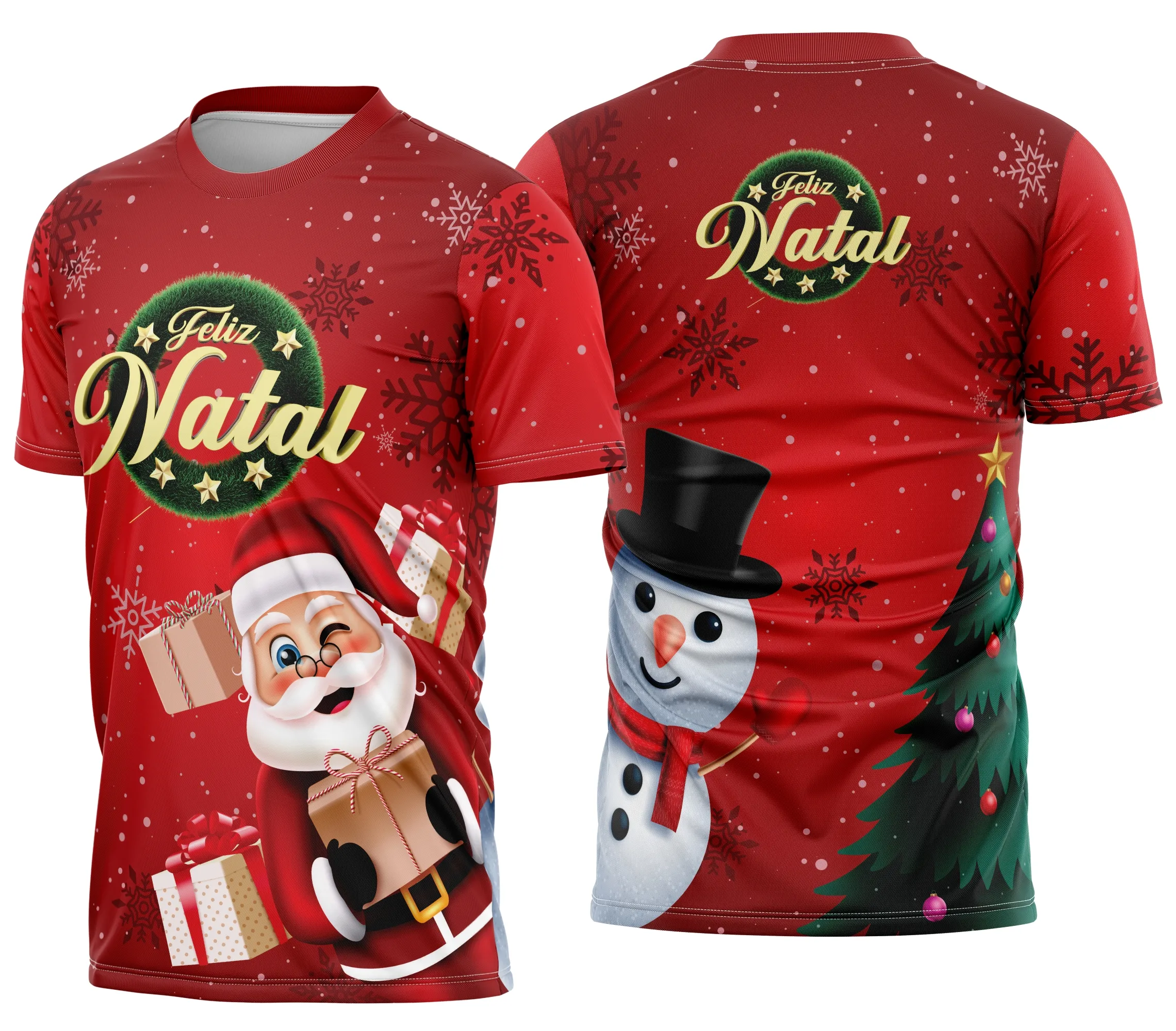 Camiseta unissex branca com logo no peito e estampa grande nas costas, tema Camisa de Natal Natalina Festiva, perfeita para festas natalinas alegres e coloridas.