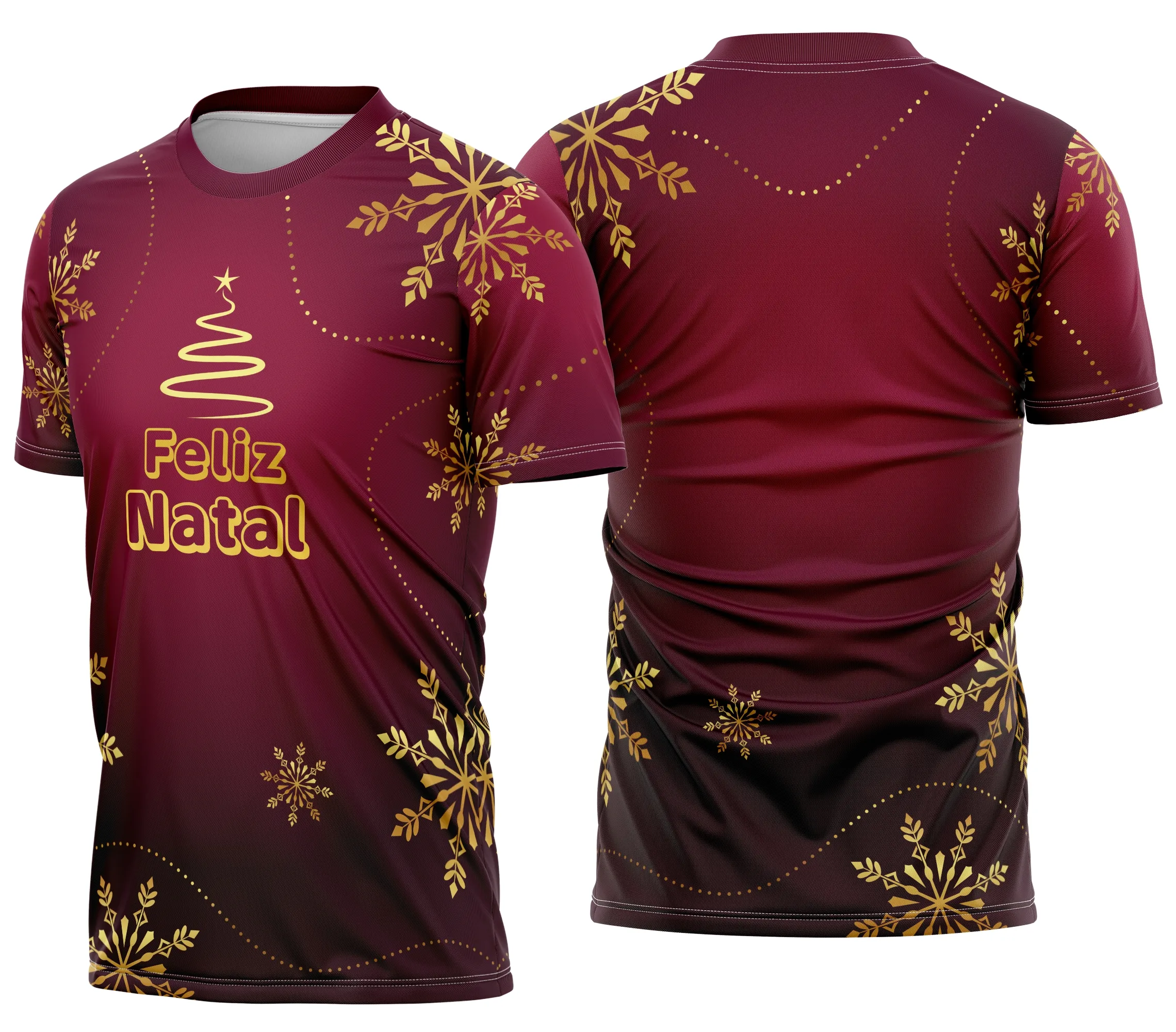 Camiseta branca unissex com logo no peito e estampa grande nas costas com temática de Natal natalina festiva, ideal para celebrar o fim de ano com estilo e alegria.