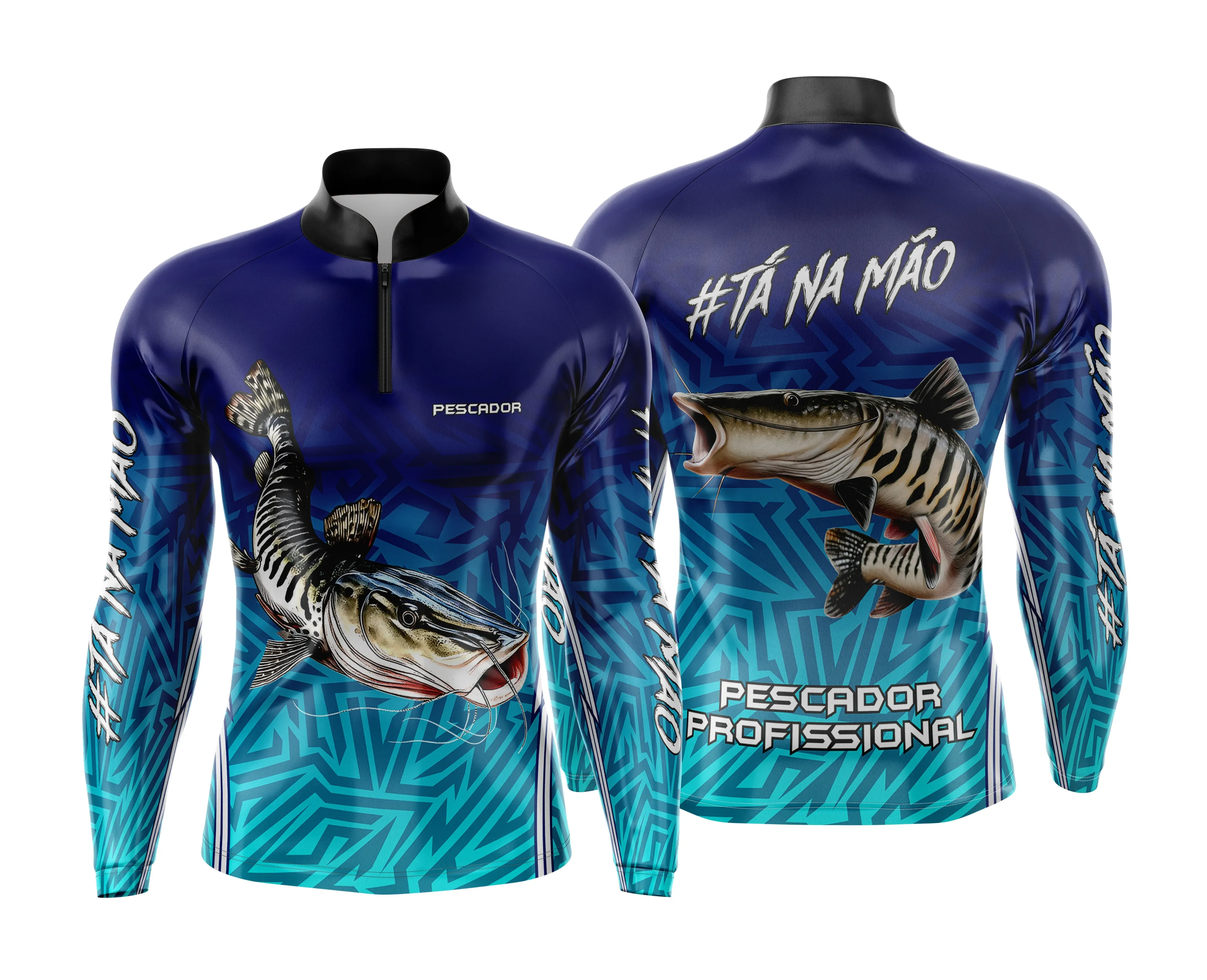 Camiseta unissex preta com logo no peito e estampa grande nas costas tema Pesca Esportiva Personalizada, destacando design vibrante para amantes de pesca.