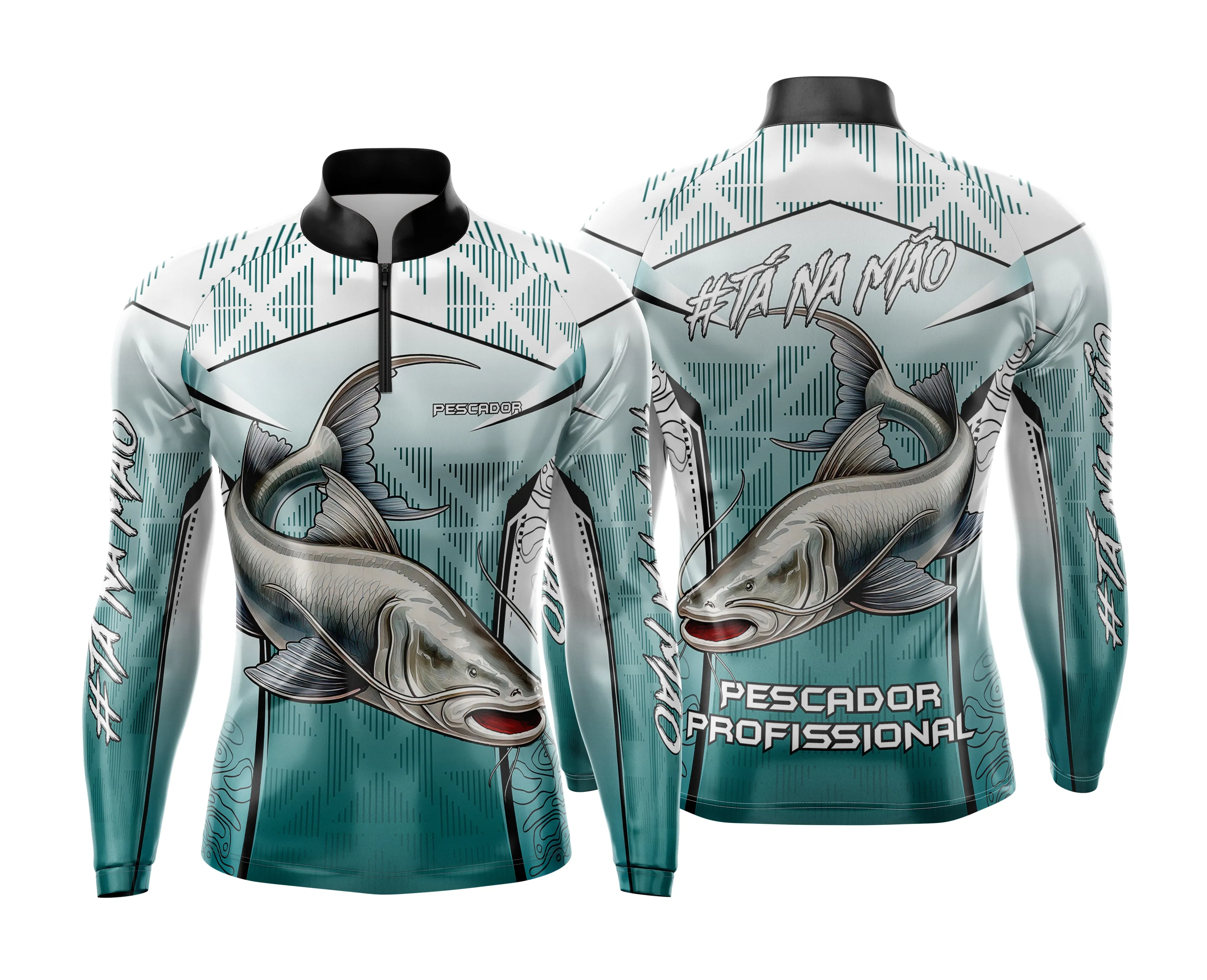 Camiseta unissex preta com logo no peito e estampa grande nas costas com tema de pesca esportiva personalizada, ideal para apaixonados por pesca, estilo moderno e conforto.