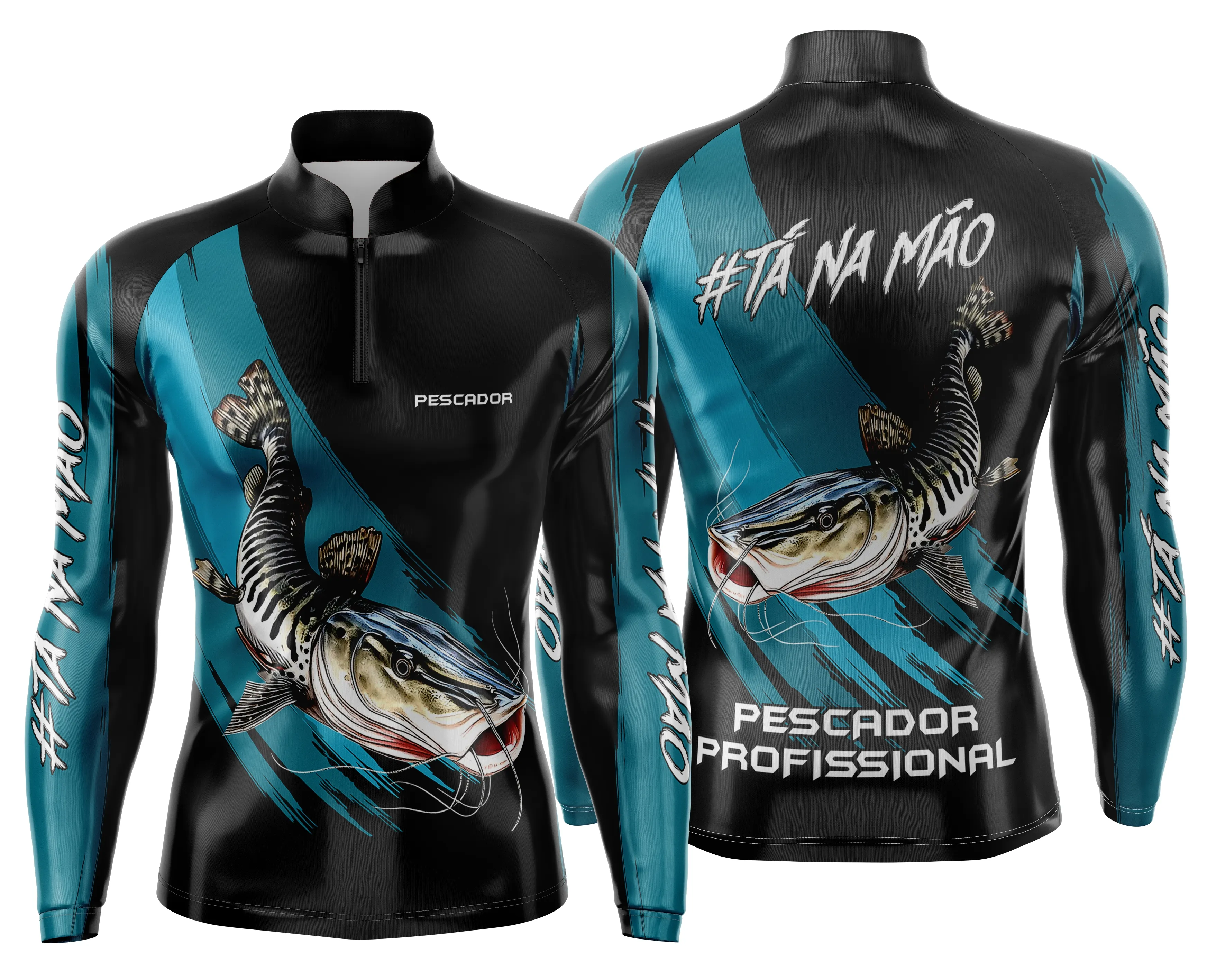 Camiseta unissex preta com logo no peito e estampa grande nas costas com tema de pesca esportiva personalizada, perfeita para quem ama aventura e o esporte na natureza.