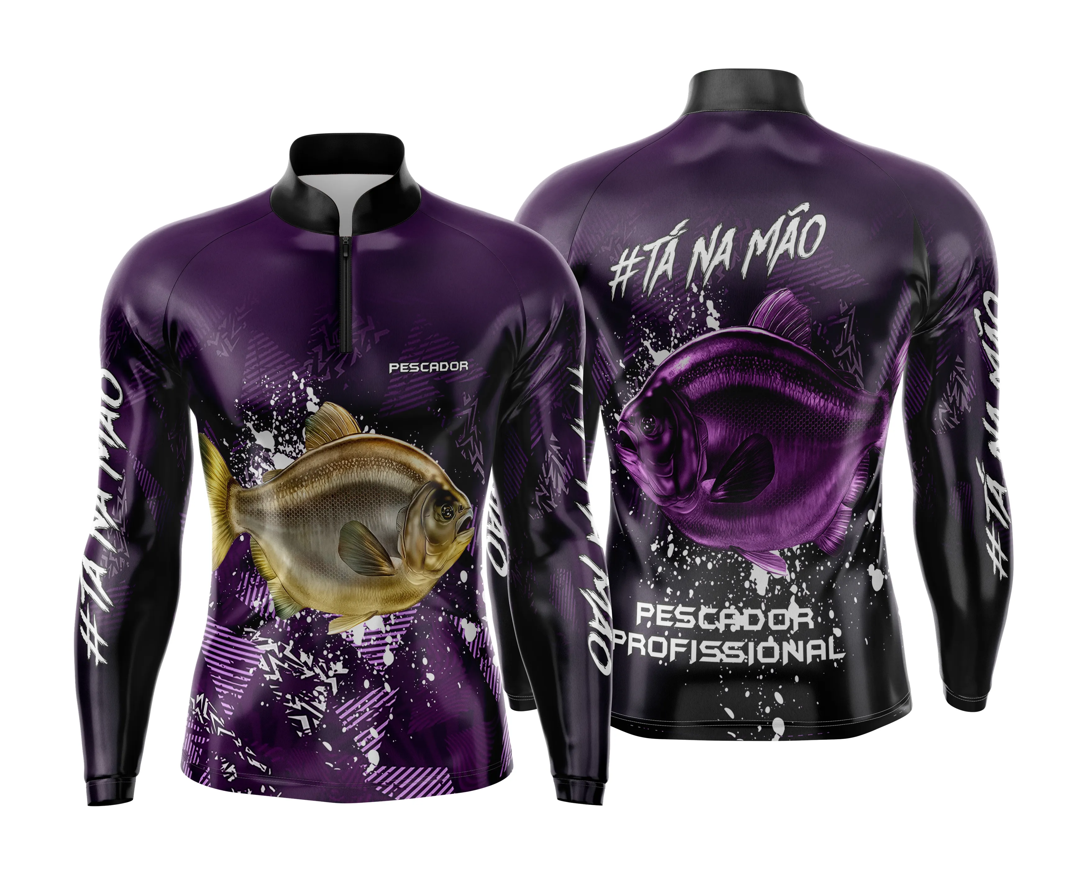 Camiseta unissex preta com logo no peito e estampa grande nas costas que destaca a pesca esportiva personalizada com design exclusivo.