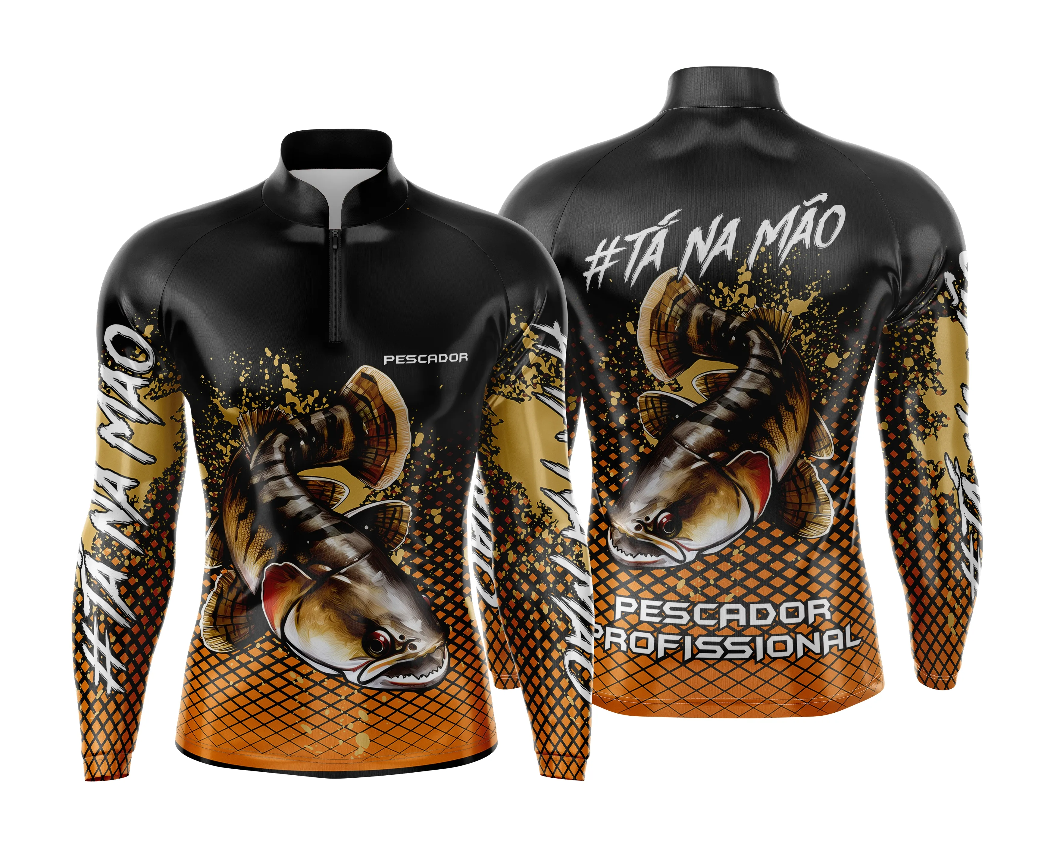 Camiseta unissex preta com logo no peito e estampa grande nas costas mostrando tema de pesca esportiva personalizada, ideal para pescadores e amantes do esporte.