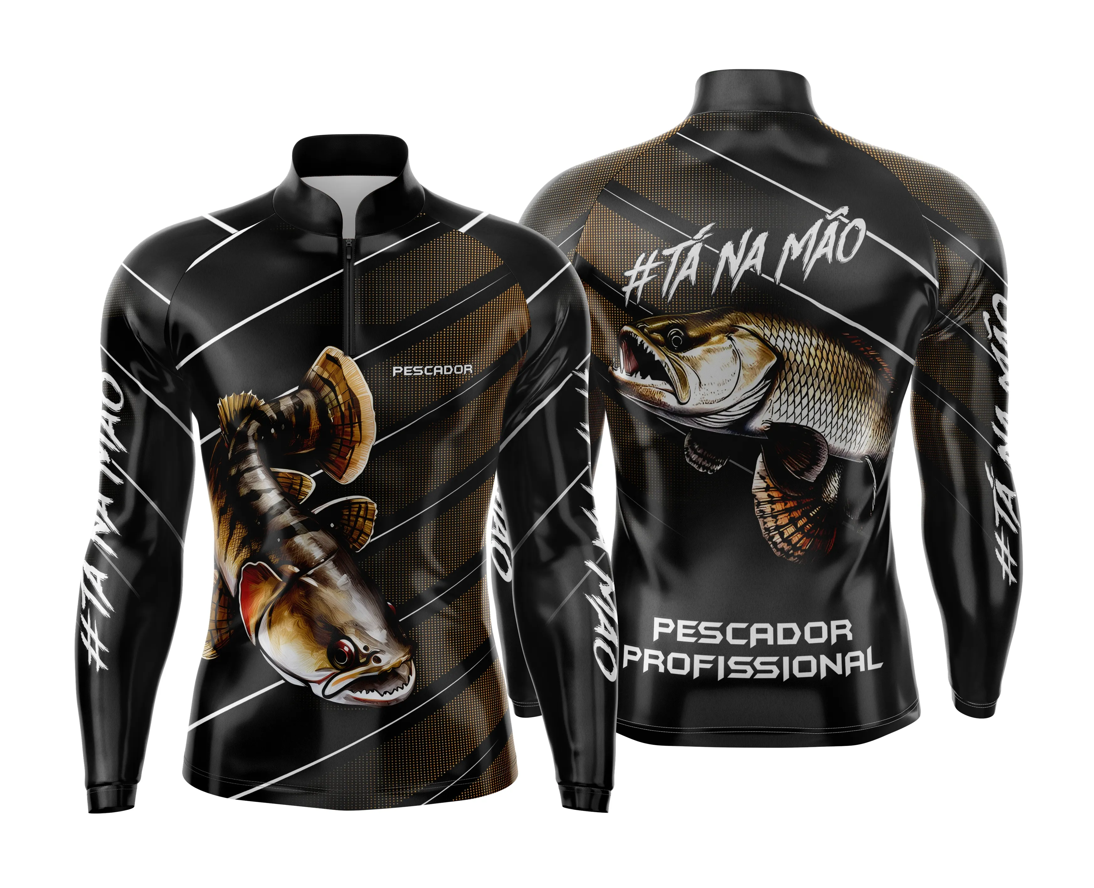 Camiseta unissex preta com logo no peito e estampa grande nas costas com tema de pesca esportiva personalizada, ideal para fãs de pesca e esportes ao ar livre.