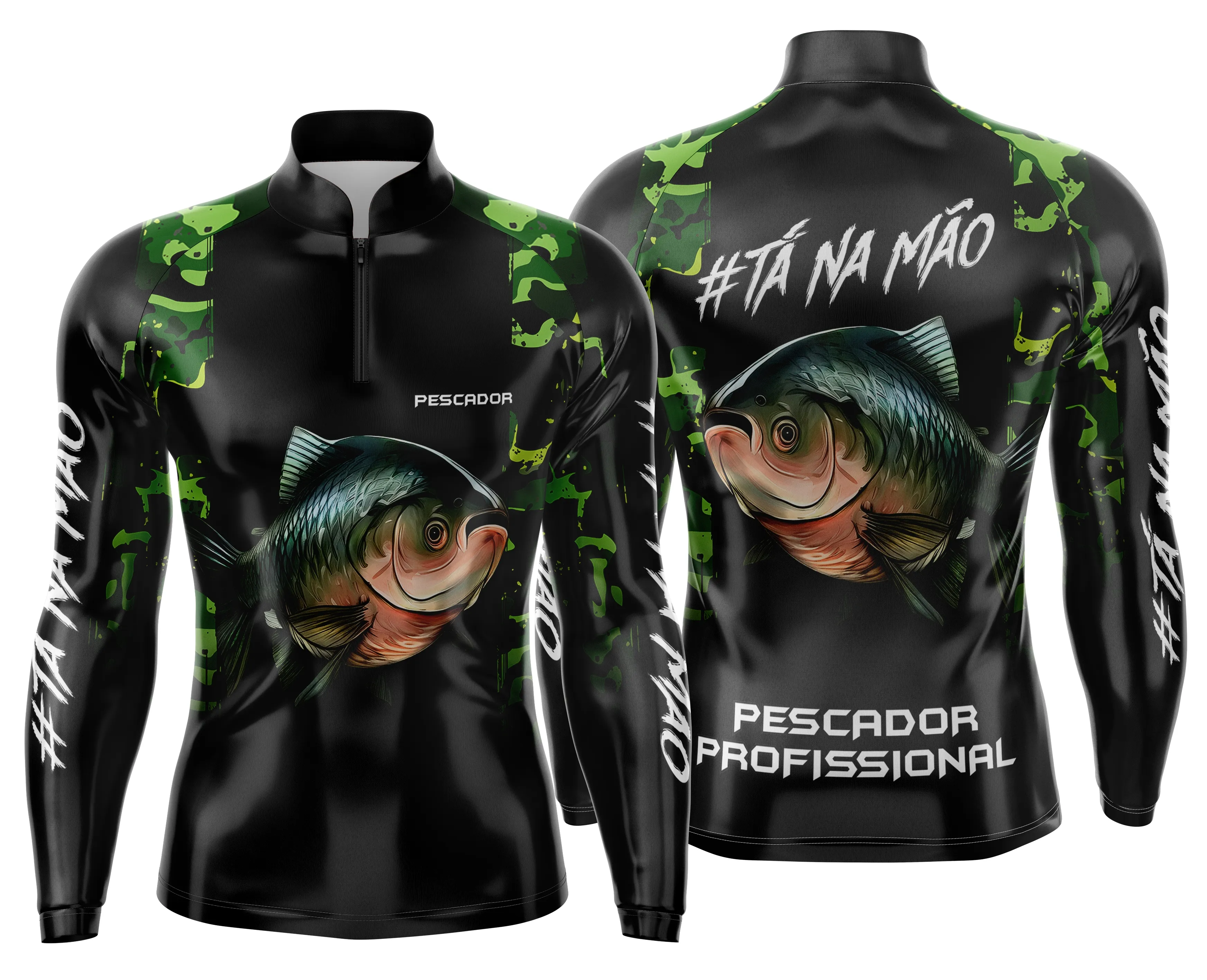 Camiseta unissex preta com logo no peito e estampa grande nas costas com tema de pesca esportiva personalizada, ideal para apaixonados por pesca e estilo esportivo.