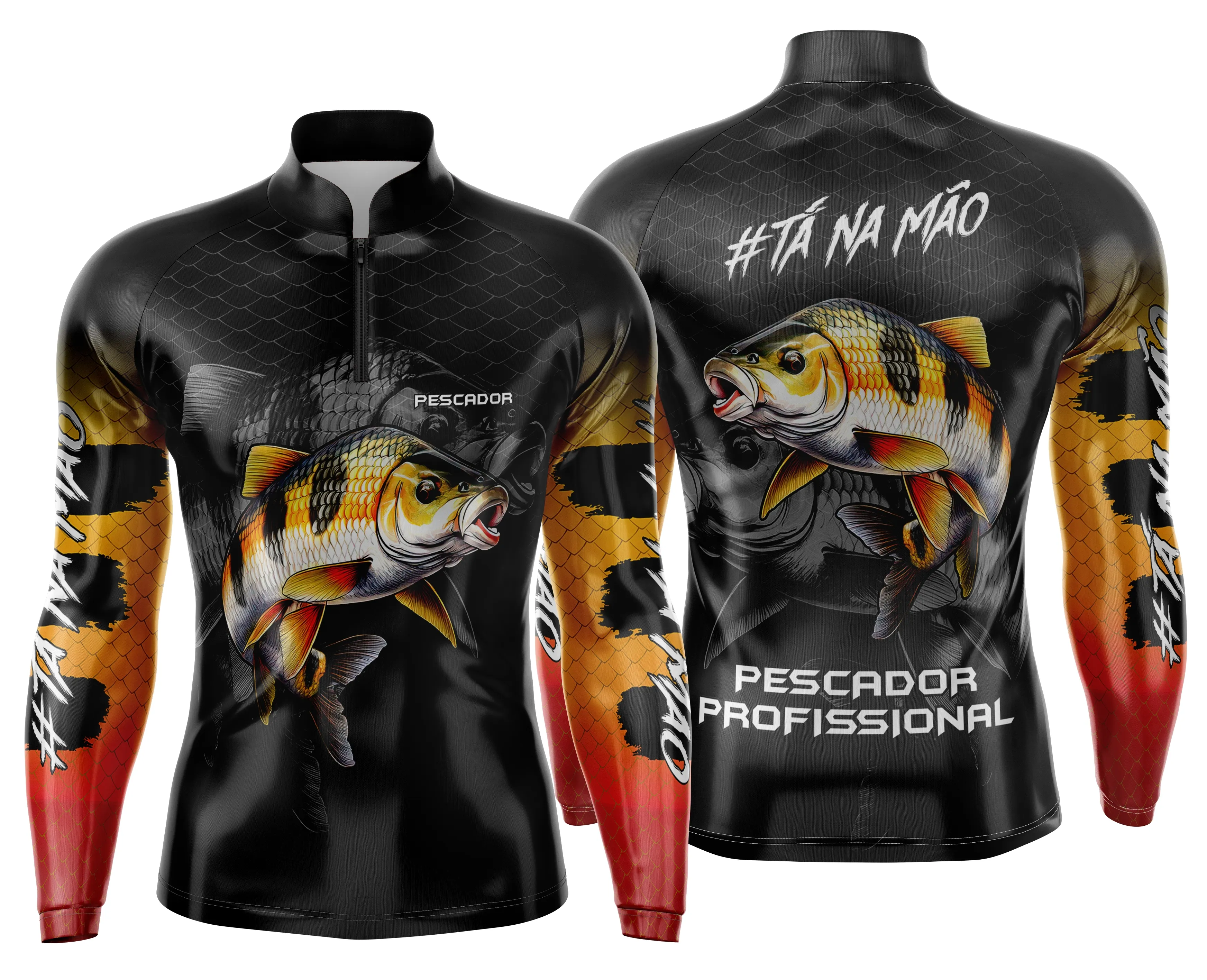 Camiseta preta unissex com logo no peito e estampa grande nas costas representando pesca esportiva personalizada, ideal para quem ama aventuras ao ar livre.