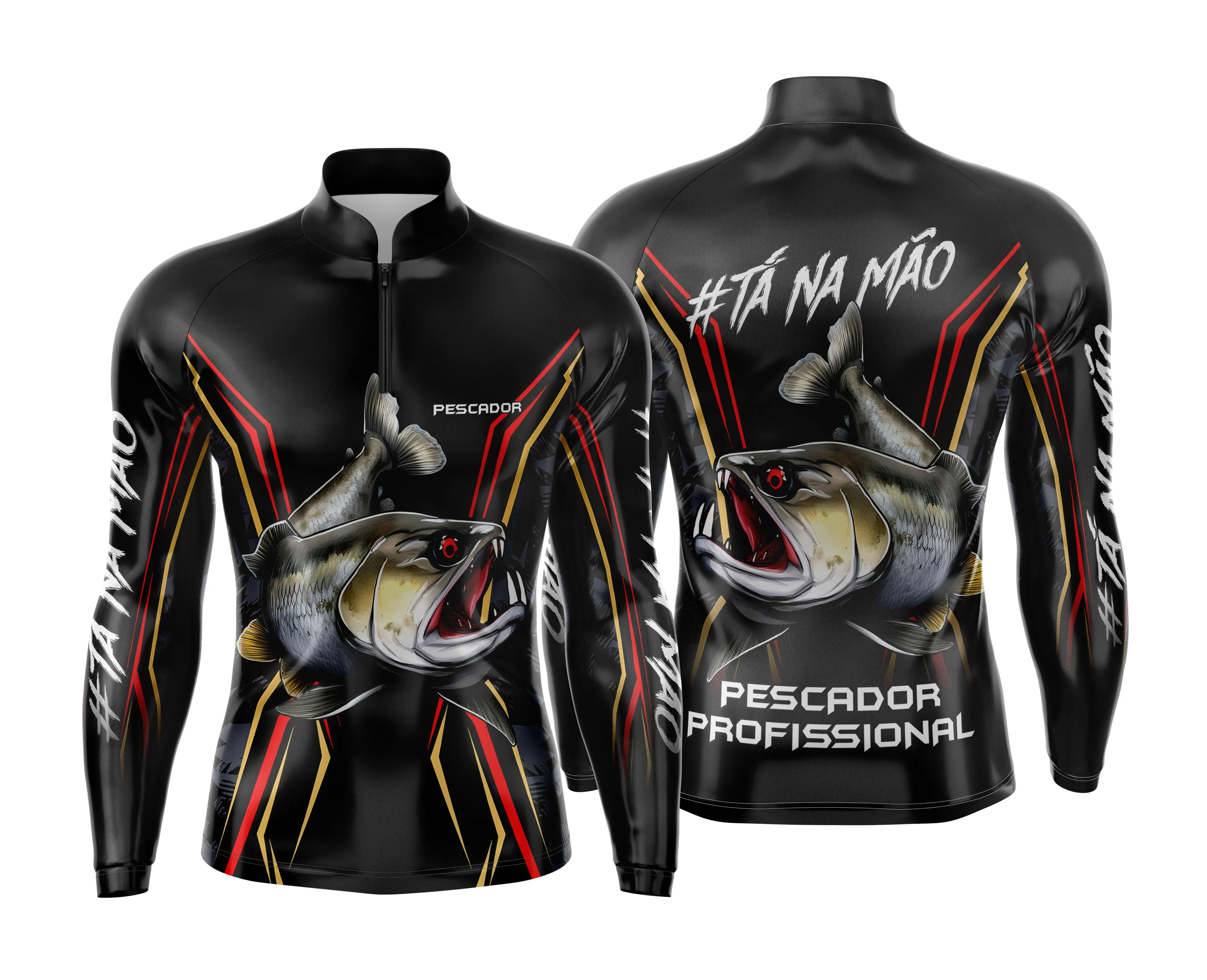 Camiseta unissex preta com logo no peito e estampa grande nas costas temática de pesca esportiva personalizada, ideal para amantes do esporte e uso casual.