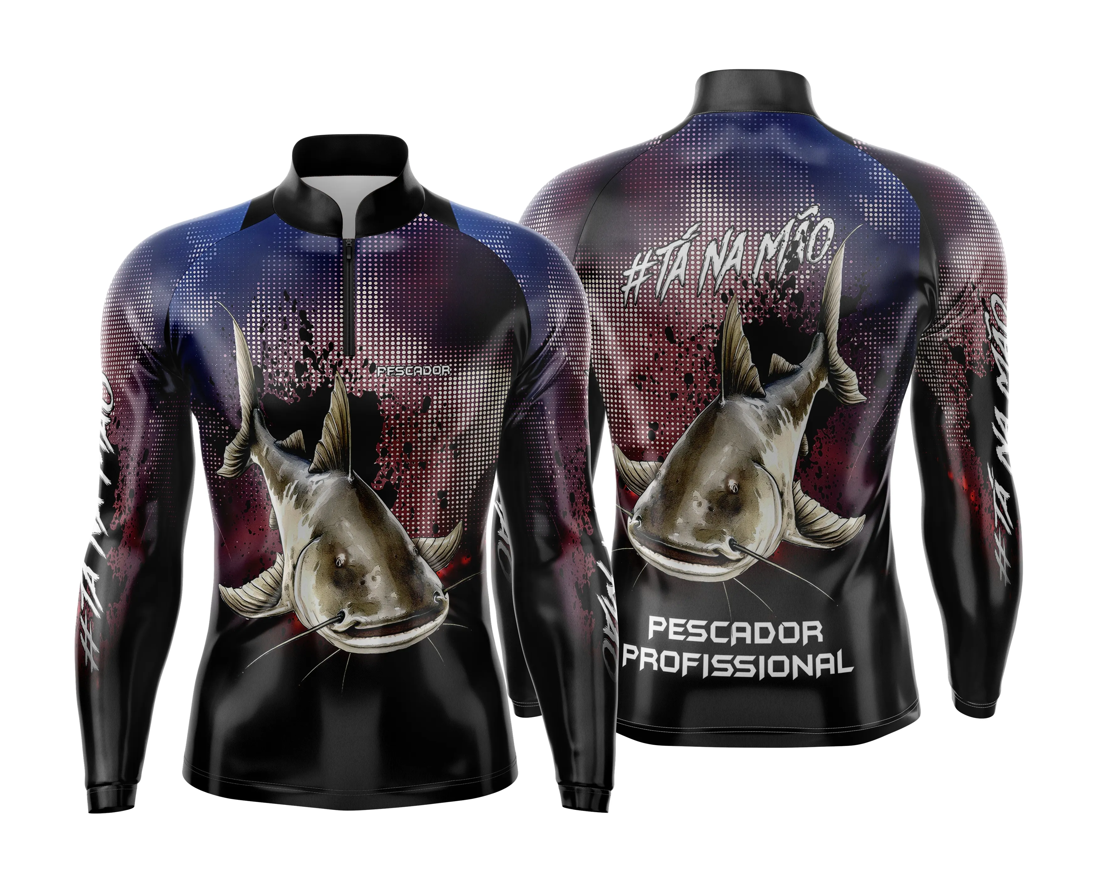 Camiseta unissex preta com logo no peito e estampa grande nas costas, temática de pesca esportiva personalizada, ideal para aventureiros que amam estar na natureza.