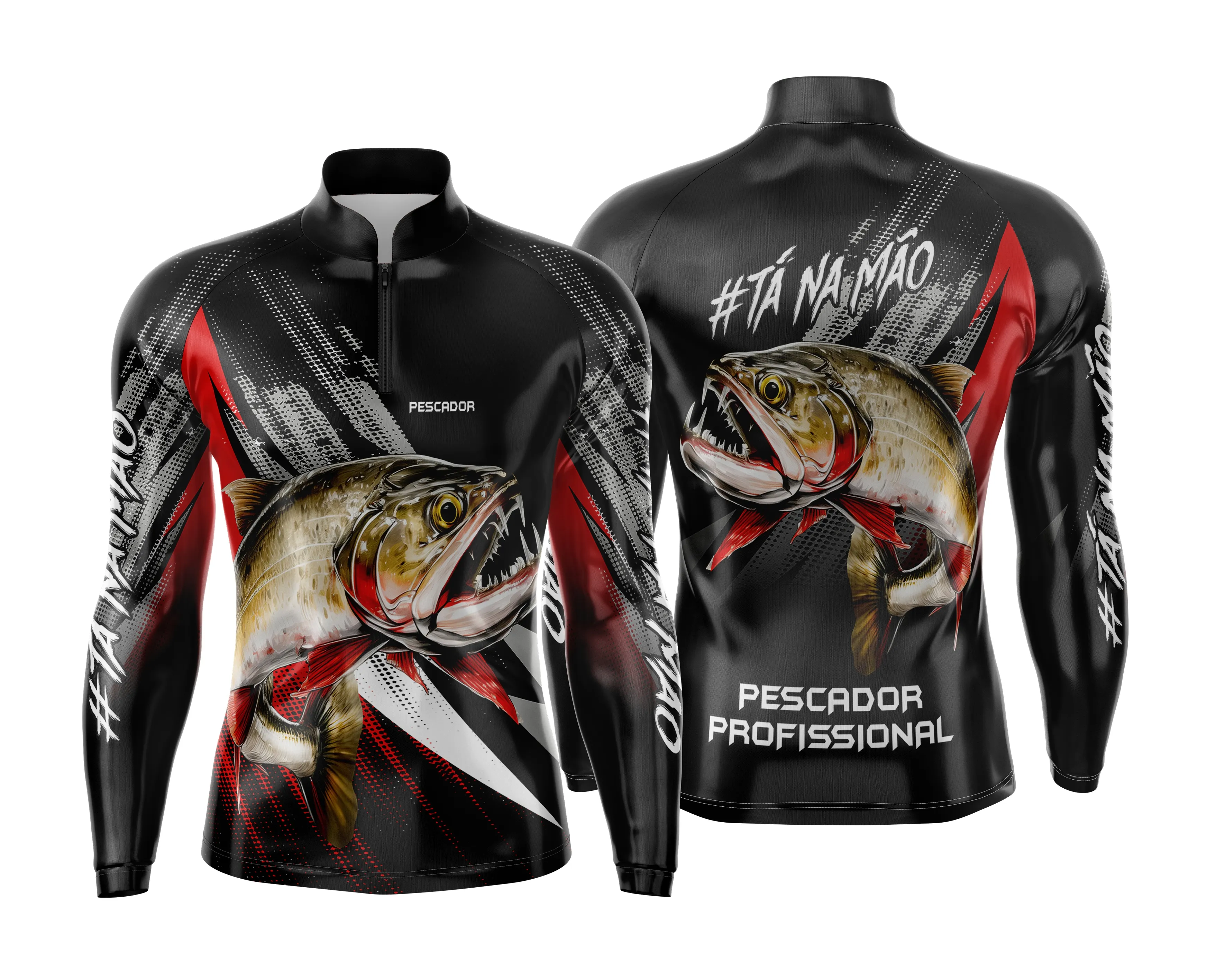 Camiseta unissex preta com logo no peito e estampa grande nas costas sobre Pesca Esportiva, mostrando design vibrante para amantes do esporte.