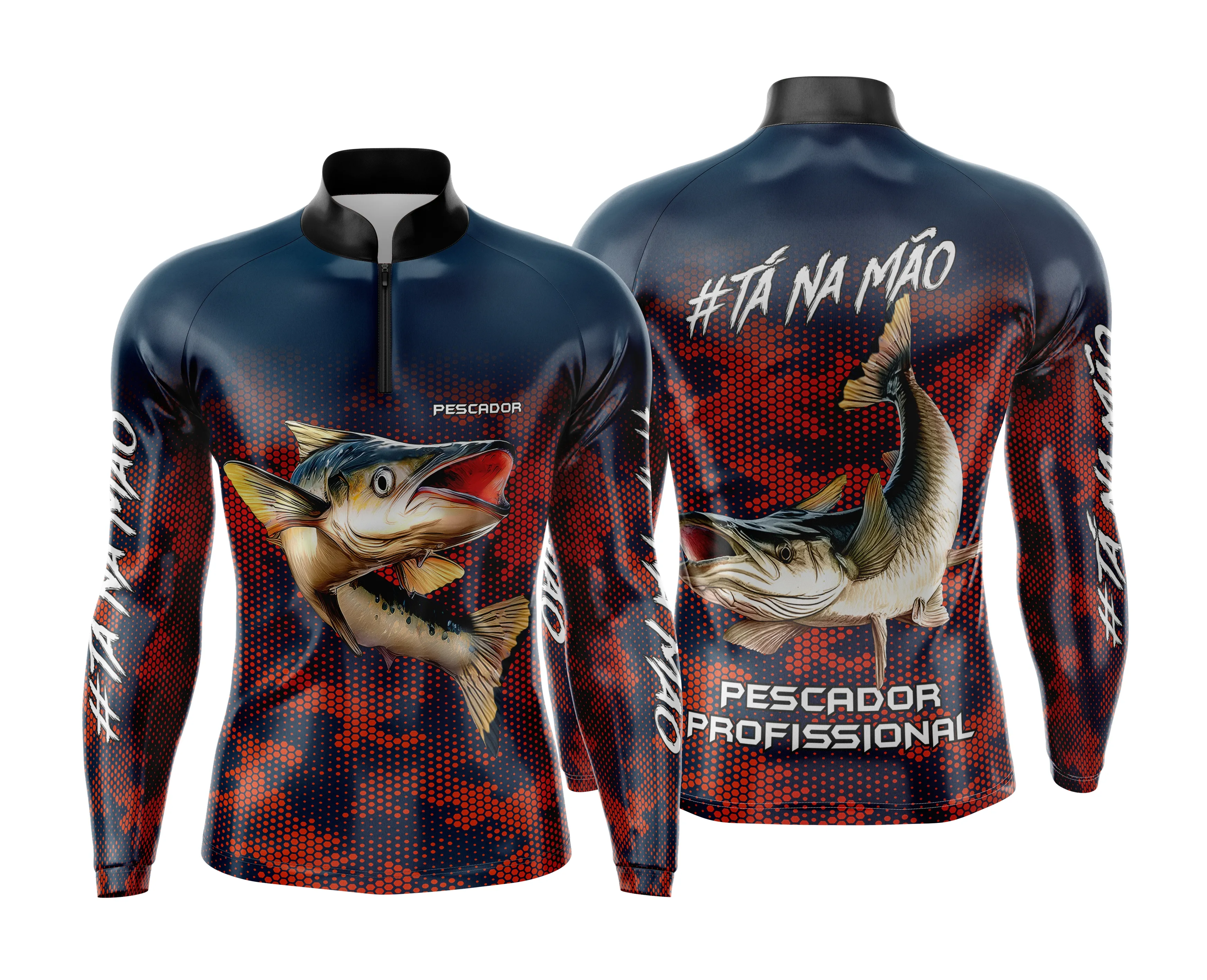 Camiseta preta unissex com logo no peito e estampa grande nas costas com tema de pesca esportiva personalizada, estilo casual para amantes do esporte.