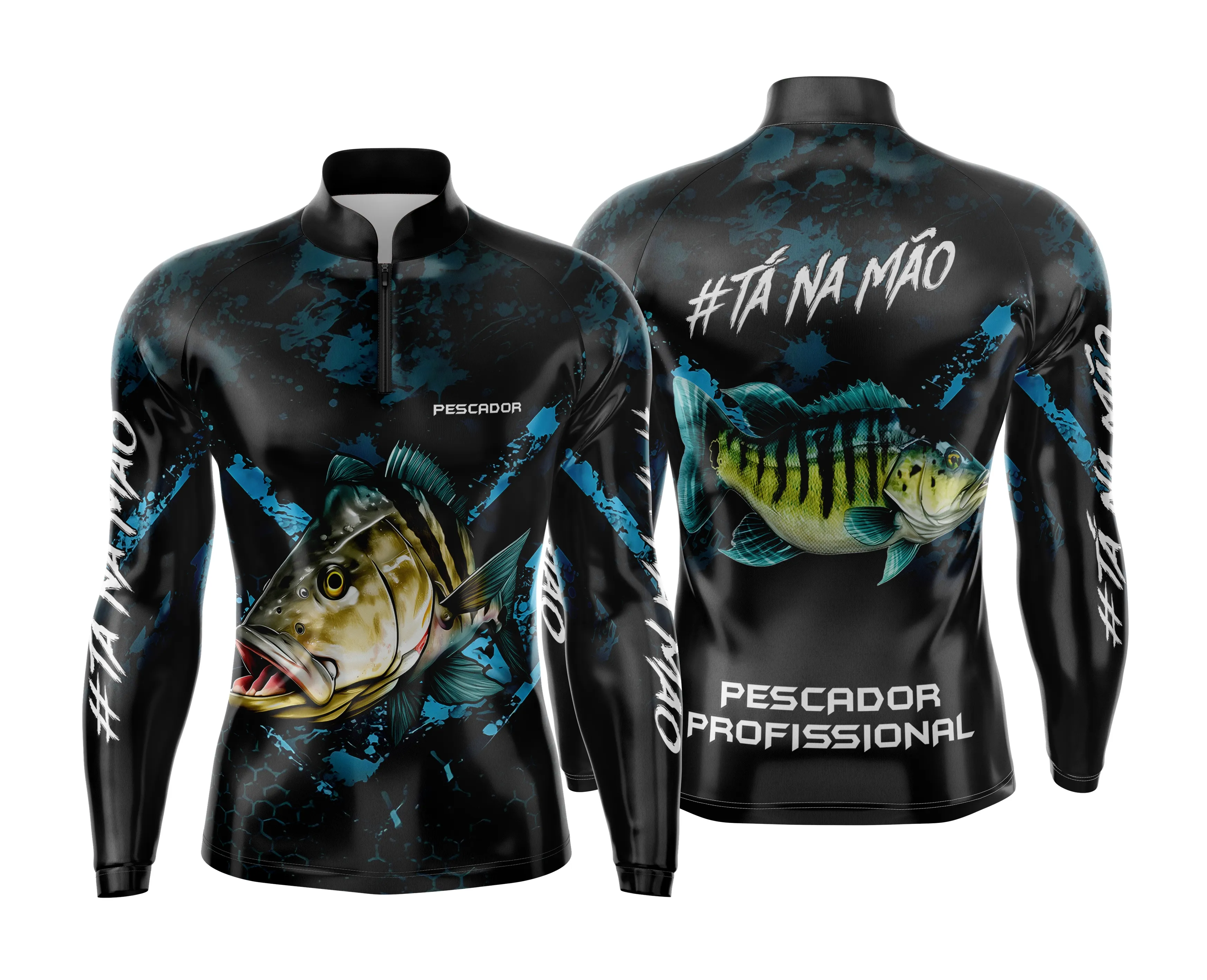Camiseta unissex preta com logo no peito e estampa grande nas costas, tema de pesca esportiva personalizada, ideal para aventureiros e apaixonados pelo esporte.