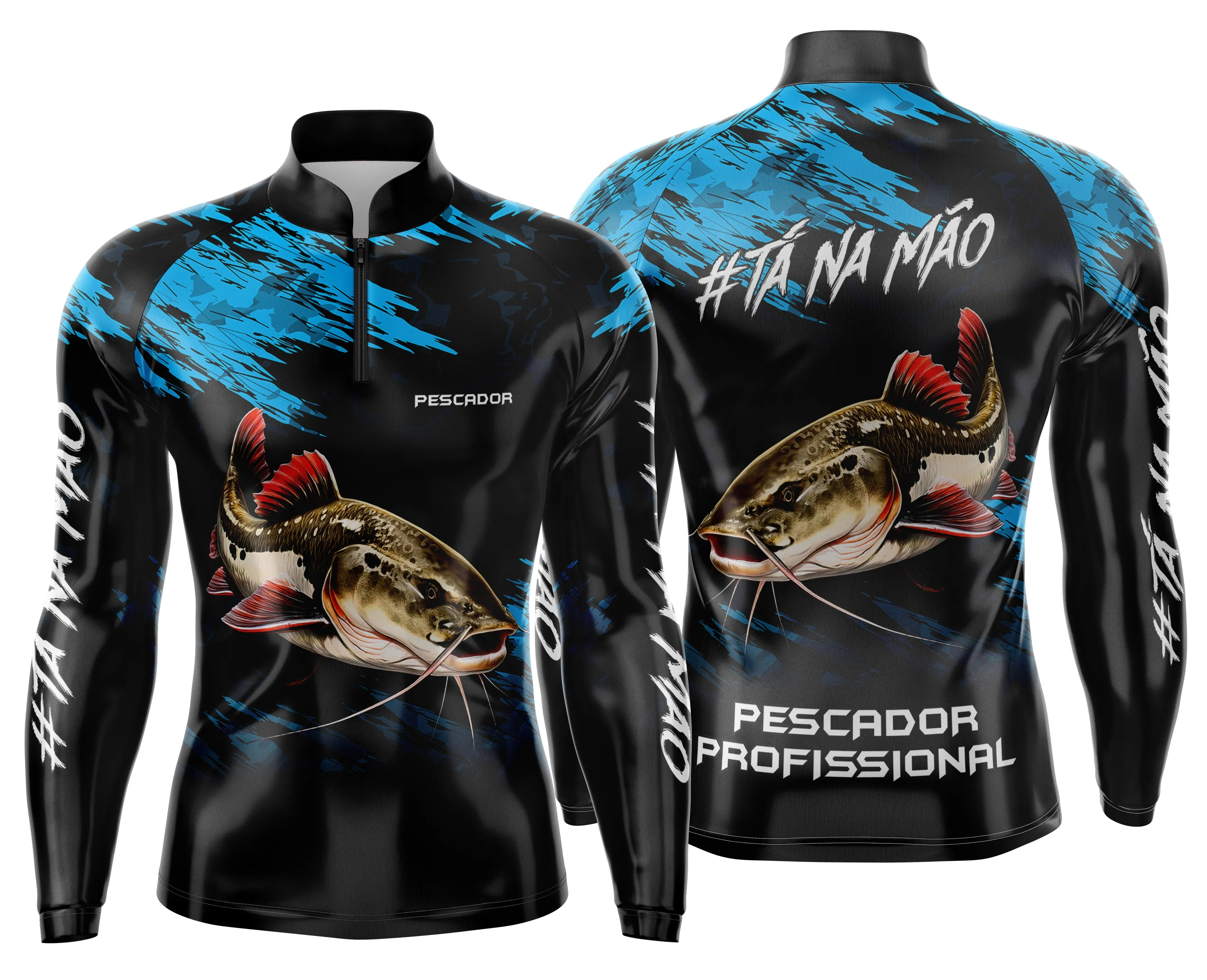 Camiseta unissex preta com logo no peito e estampa grande nas costas, tema pesca esportiva personalizada, ideal para amantes de pesca com estilo marcante.