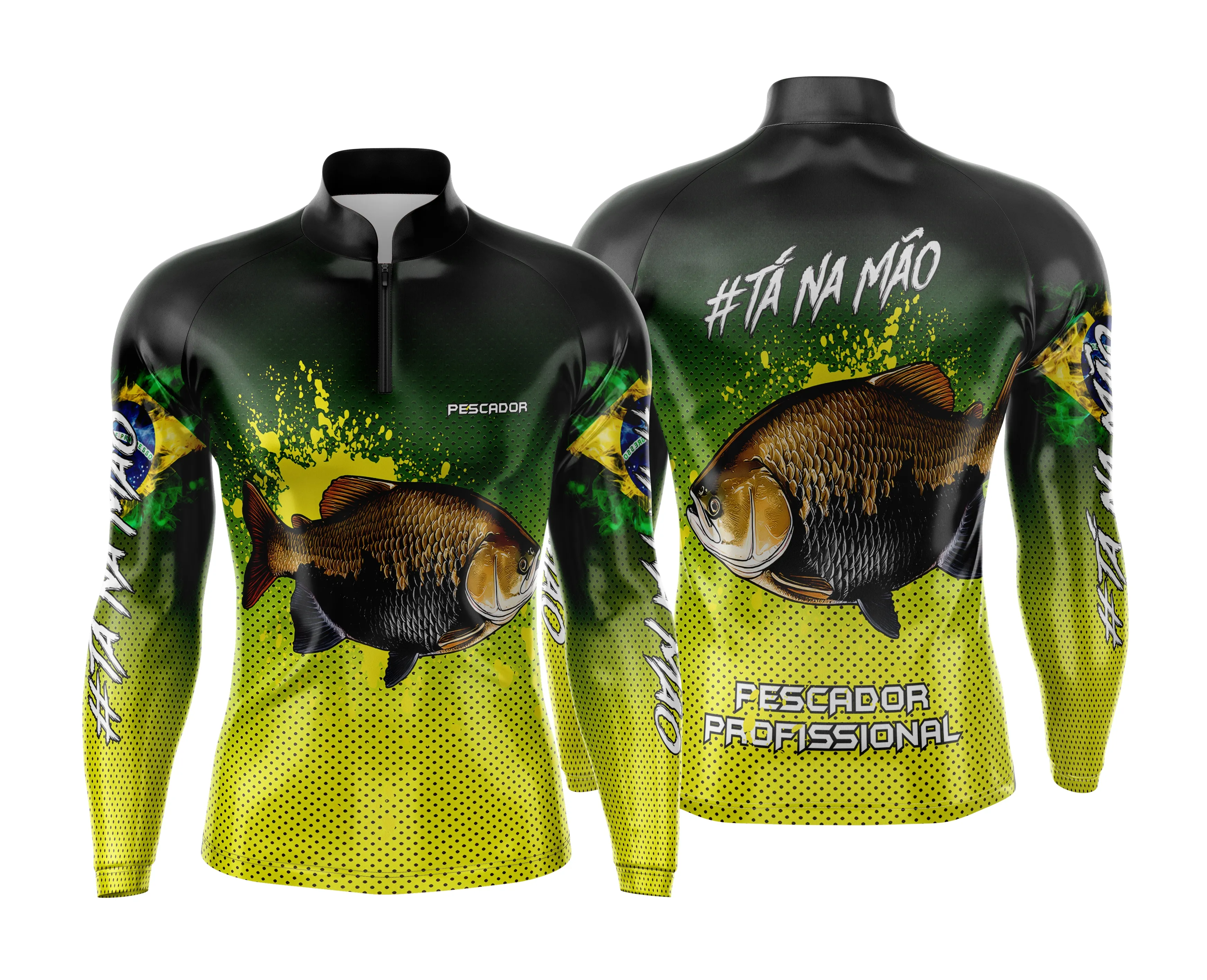 Camiseta unissex preta com logo no peito e estampa grande nas costas inspirada em pesca esportiva personalizada, ideal para quem ama o contato com a natureza