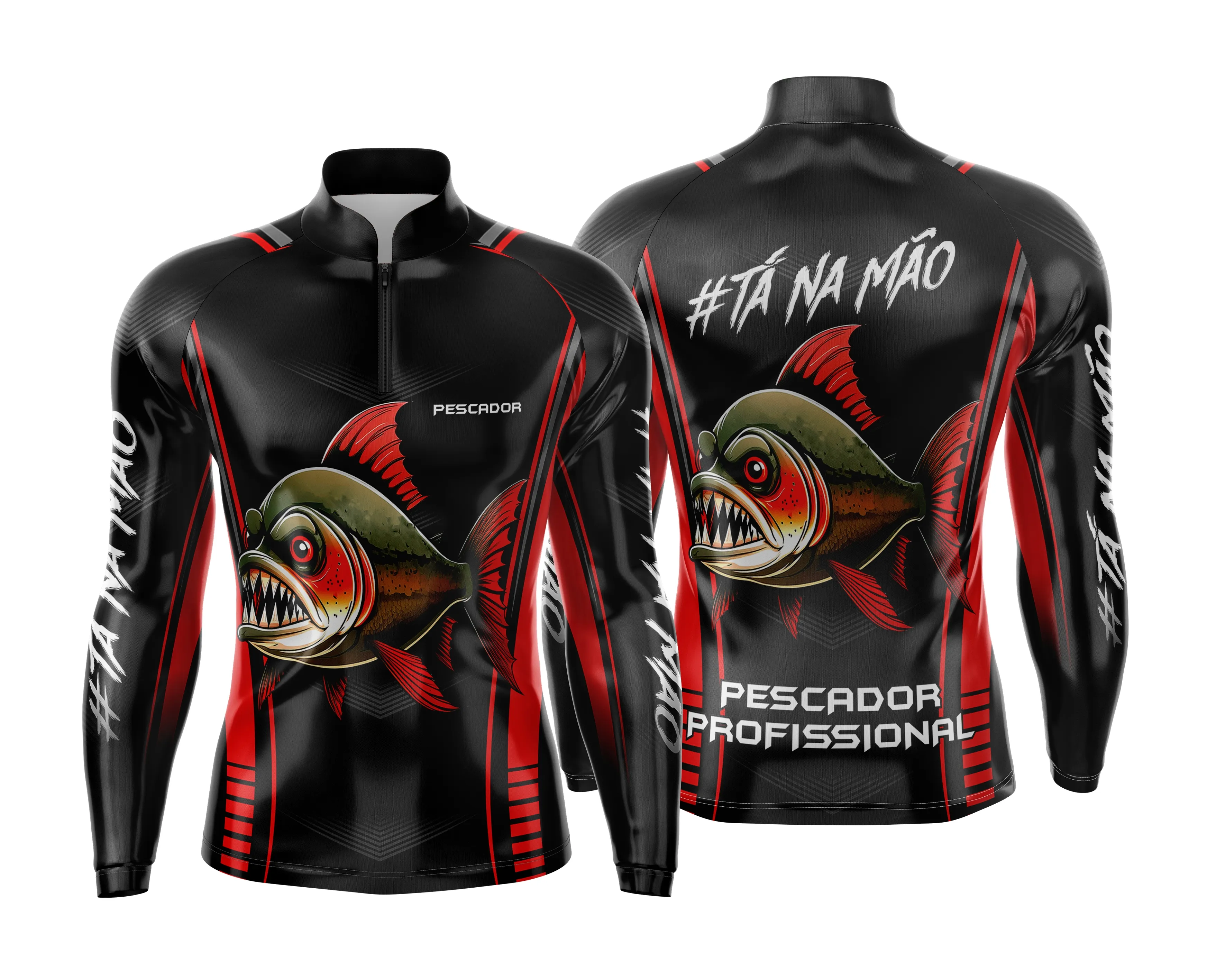 Camiseta unissex preta com logo no peito e estampa grande nas costas de pesca esportiva personalizada, perfeita para amantes do esporte, visual moderno e casual.
