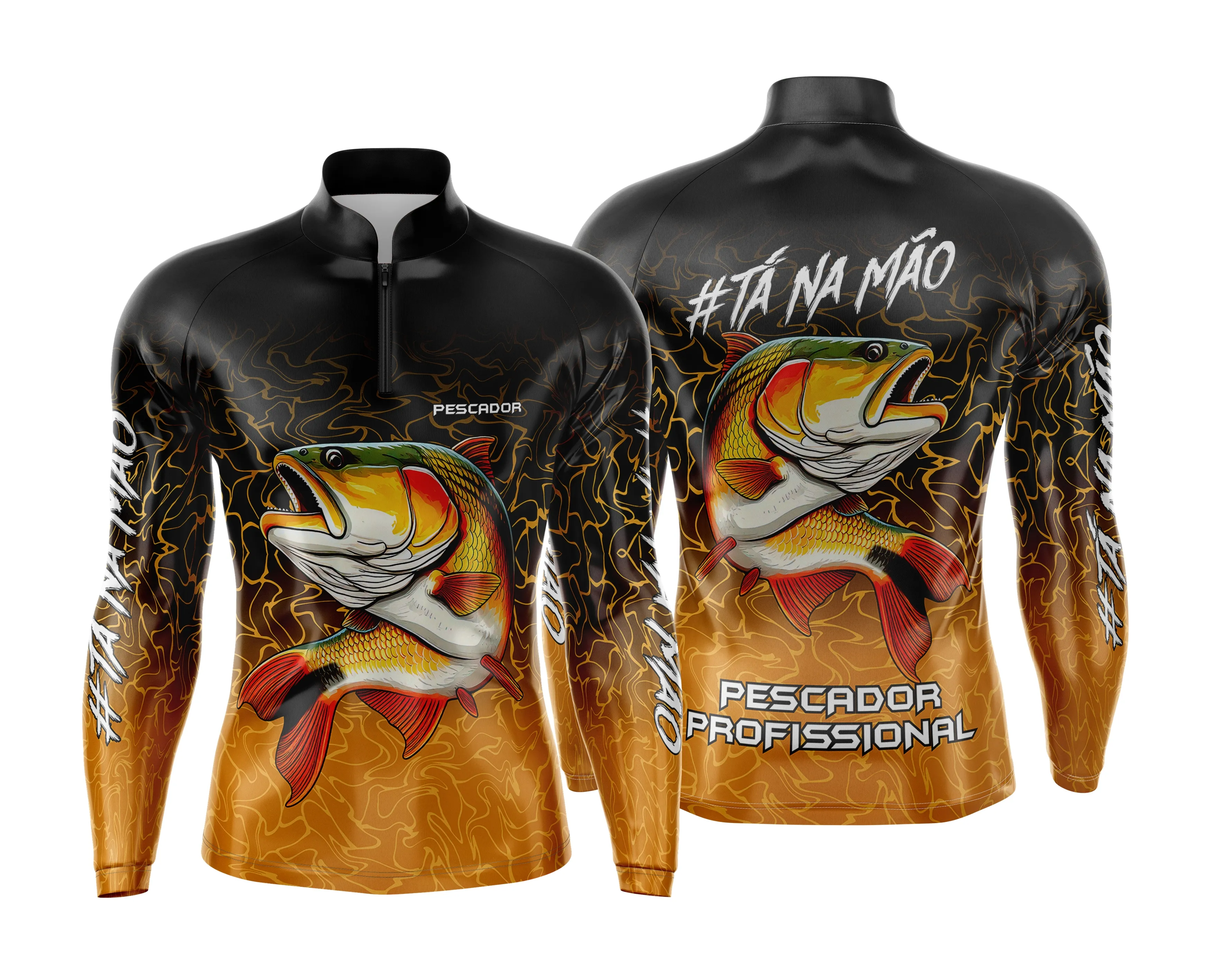 Camiseta unissex preta com logo no peito e estampa grande nas costas, tema pesca esportiva, ideal para pescadores que buscam estilo e conforto