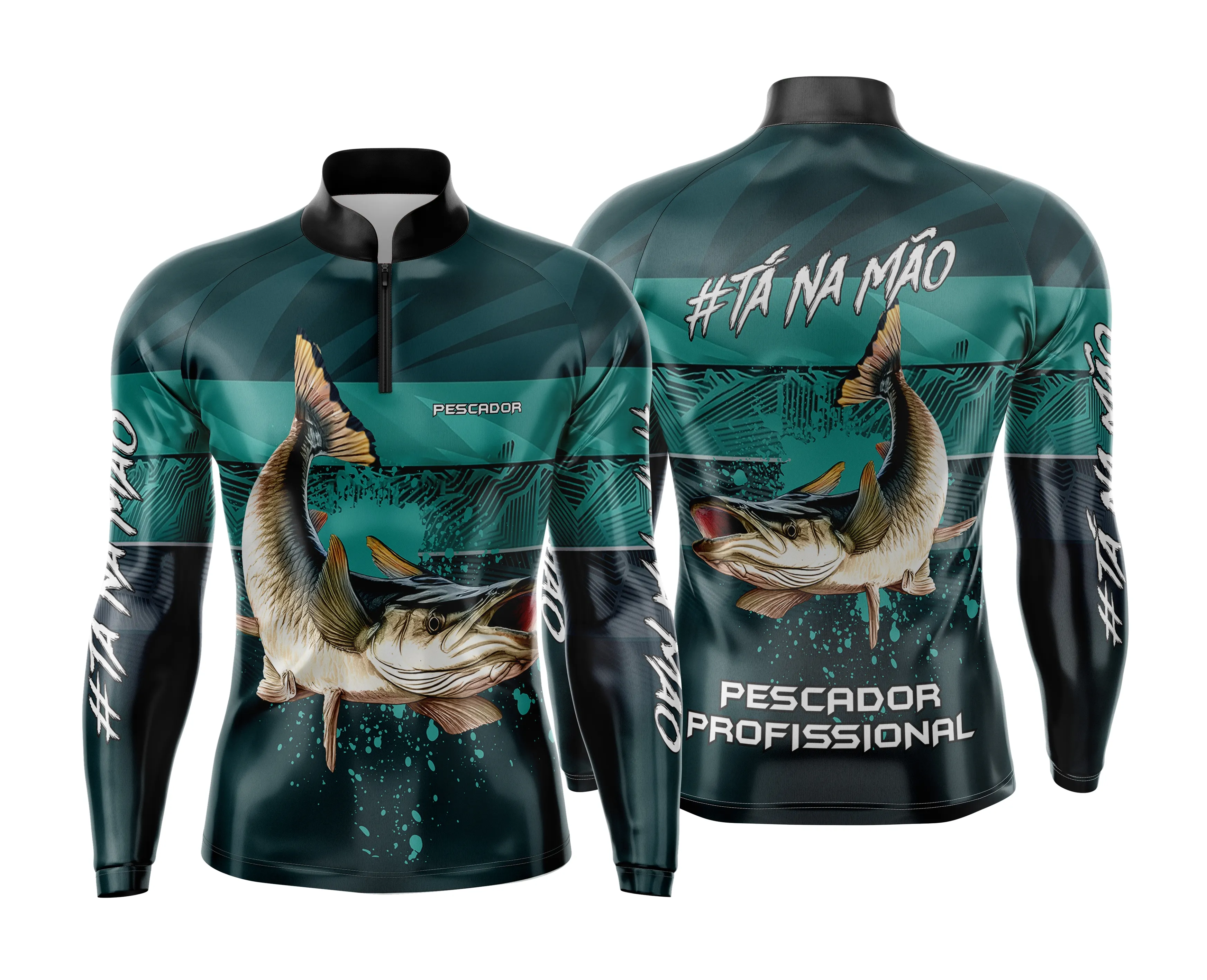 Camiseta unissex preta com logo no peito e estampa grande nas costas mostrando temática de pesca esportiva personalizada, ideal para amantes de pesca e esportes.