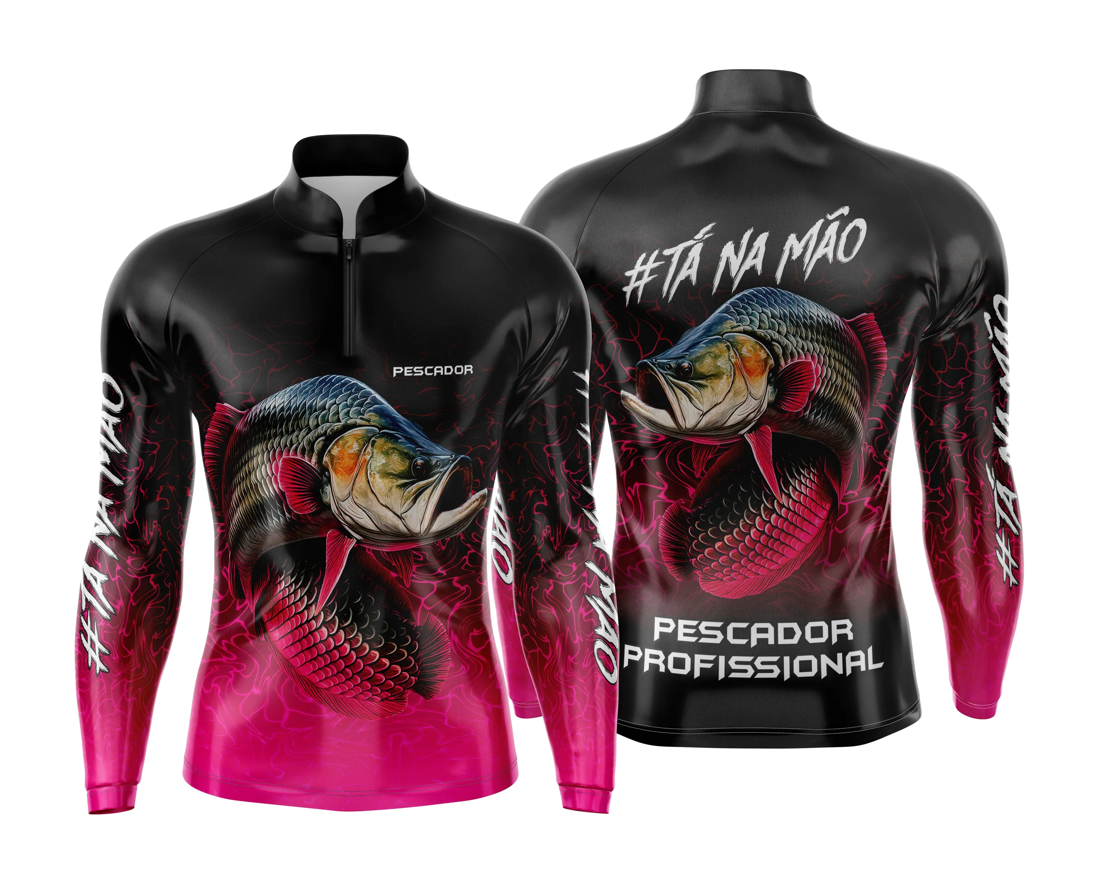 Camiseta unissex preta com logo no peito e estampa grande nas costas tema pesca esportiva personalizada, perfeita para aventuras ao ar livre e amantes do esporte.