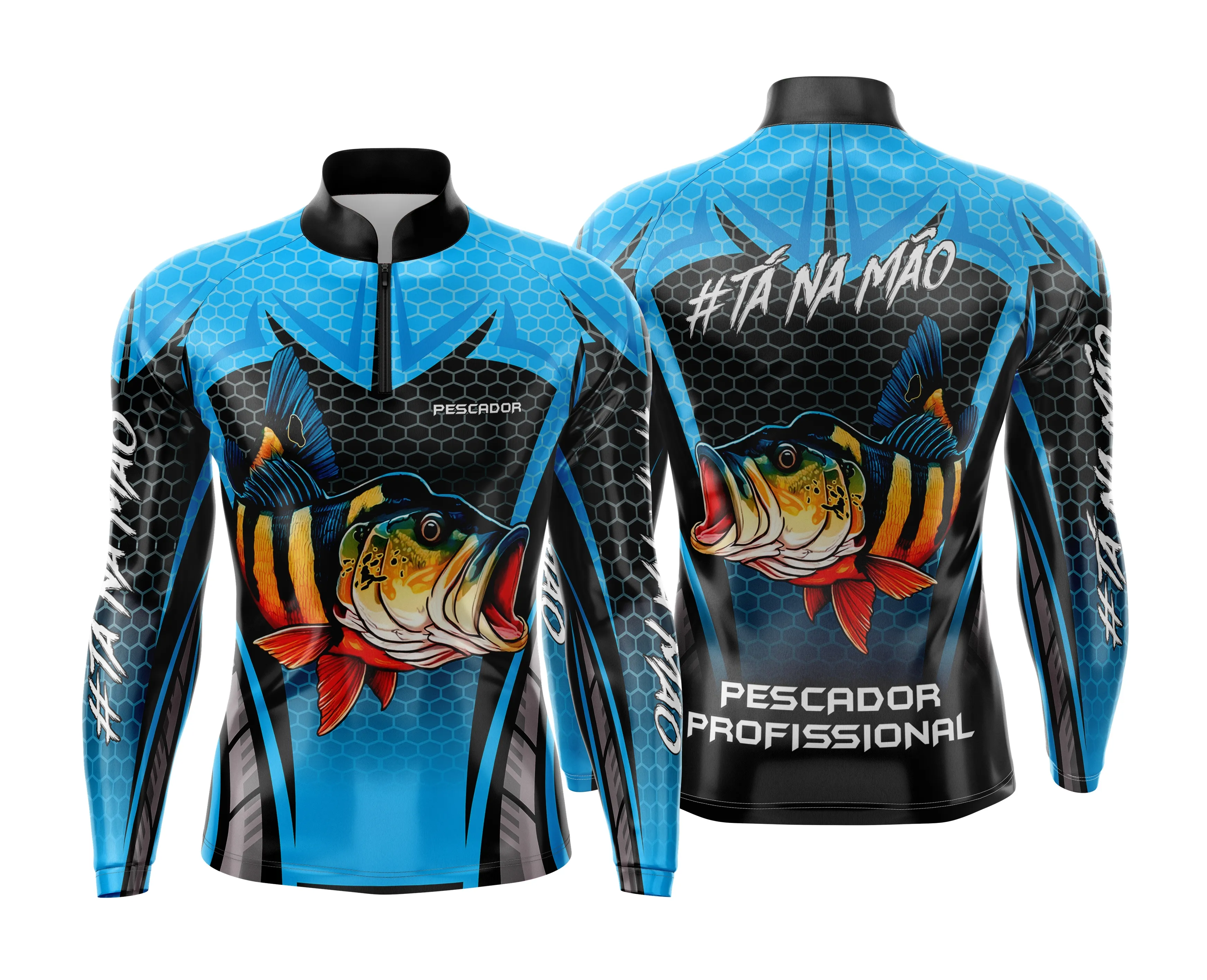 Camiseta unissex preta com logo no peito e estampa grande nas costas com tema de pesca esportiva personalizada, ideal para esportistas amantes da pesca.