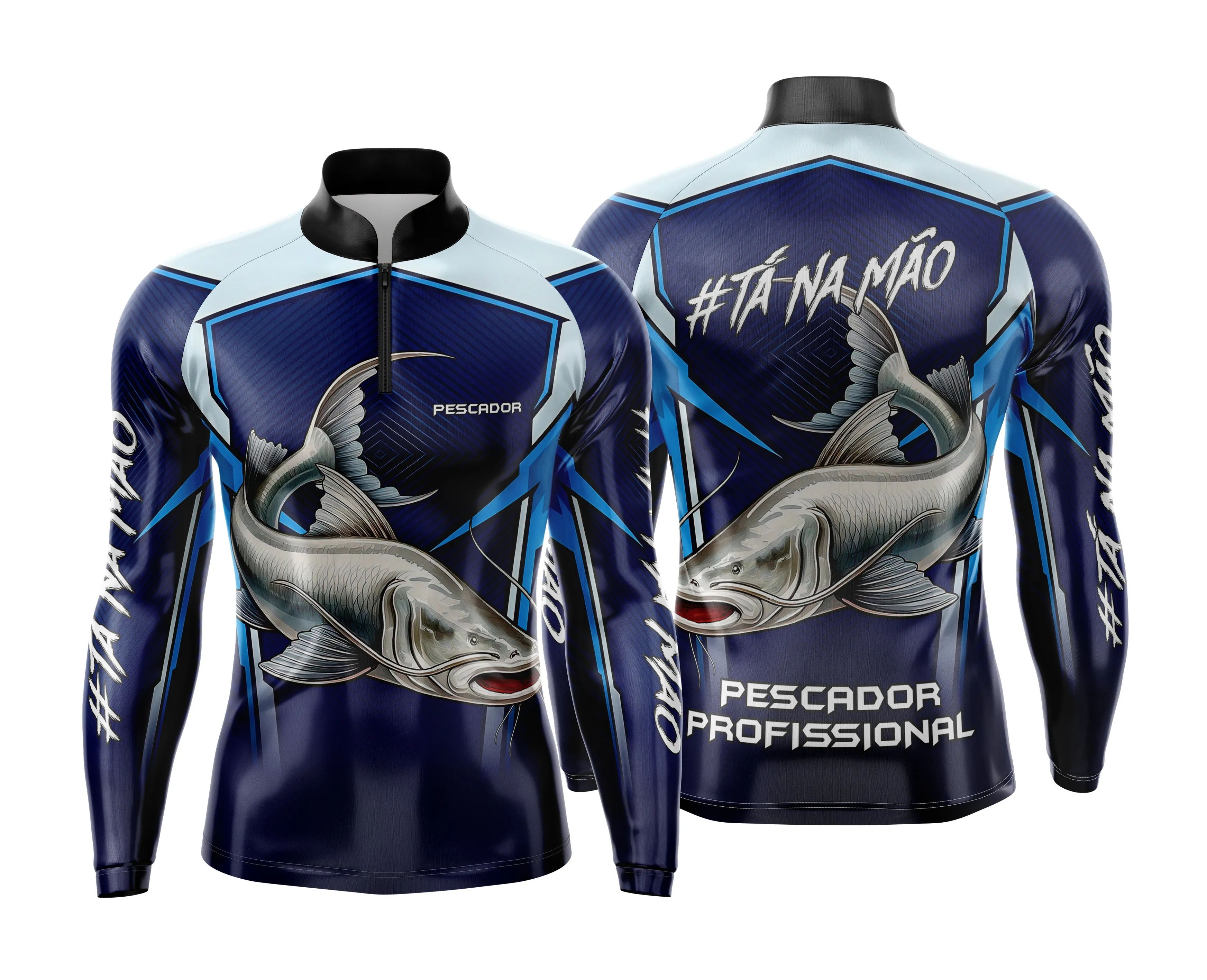 Camiseta unissex preta com logo no peito e estampa grande nas costas temática de pesca esportiva personalizada, ideal para amantes de atividades ao ar livre e esportes de pesca.
