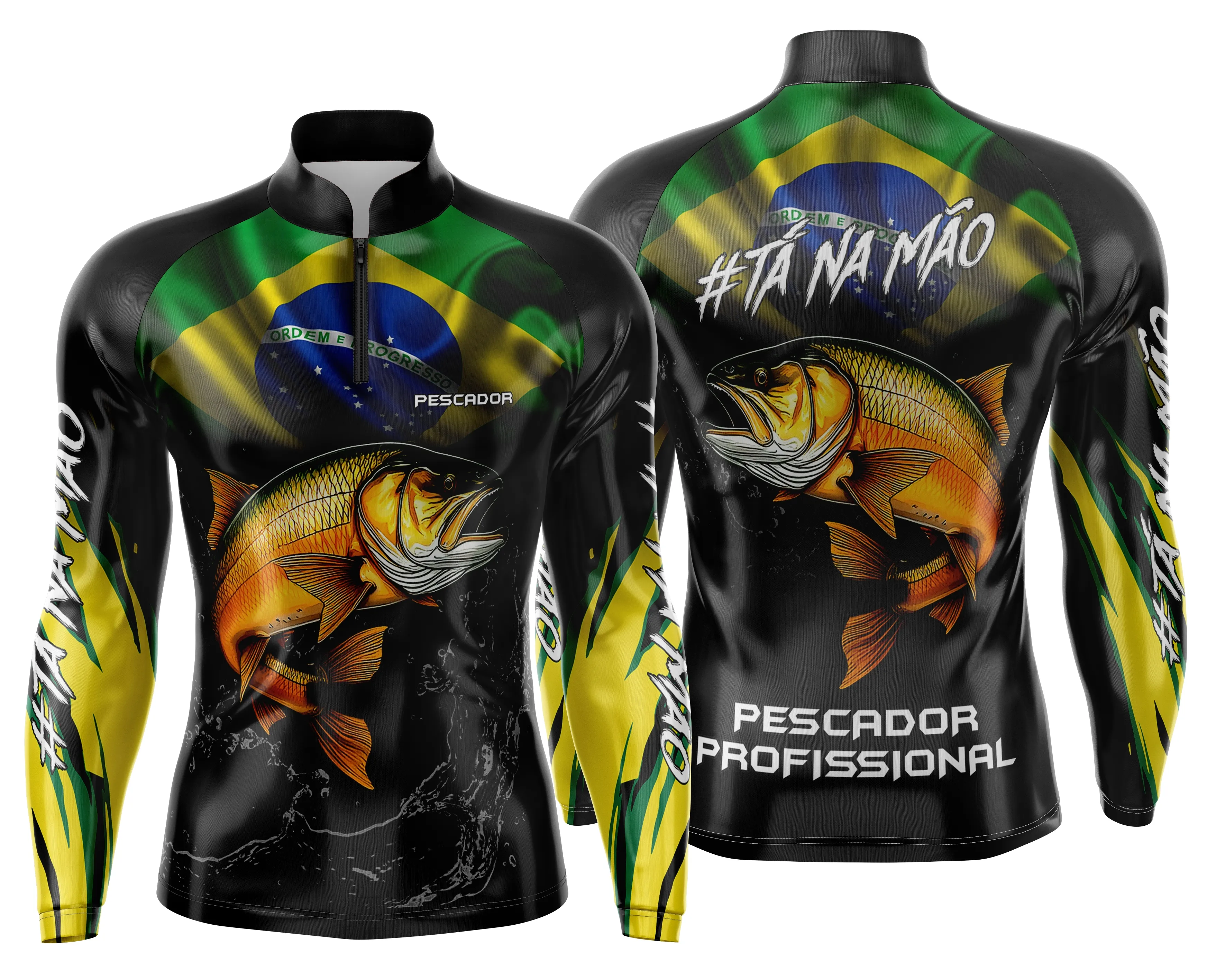 Camiseta unissex preta com logo no peito e estampa grande nas costas, tema Pesca Esportiva Personalizada, perfeita para pescadores e amantes do esporte.