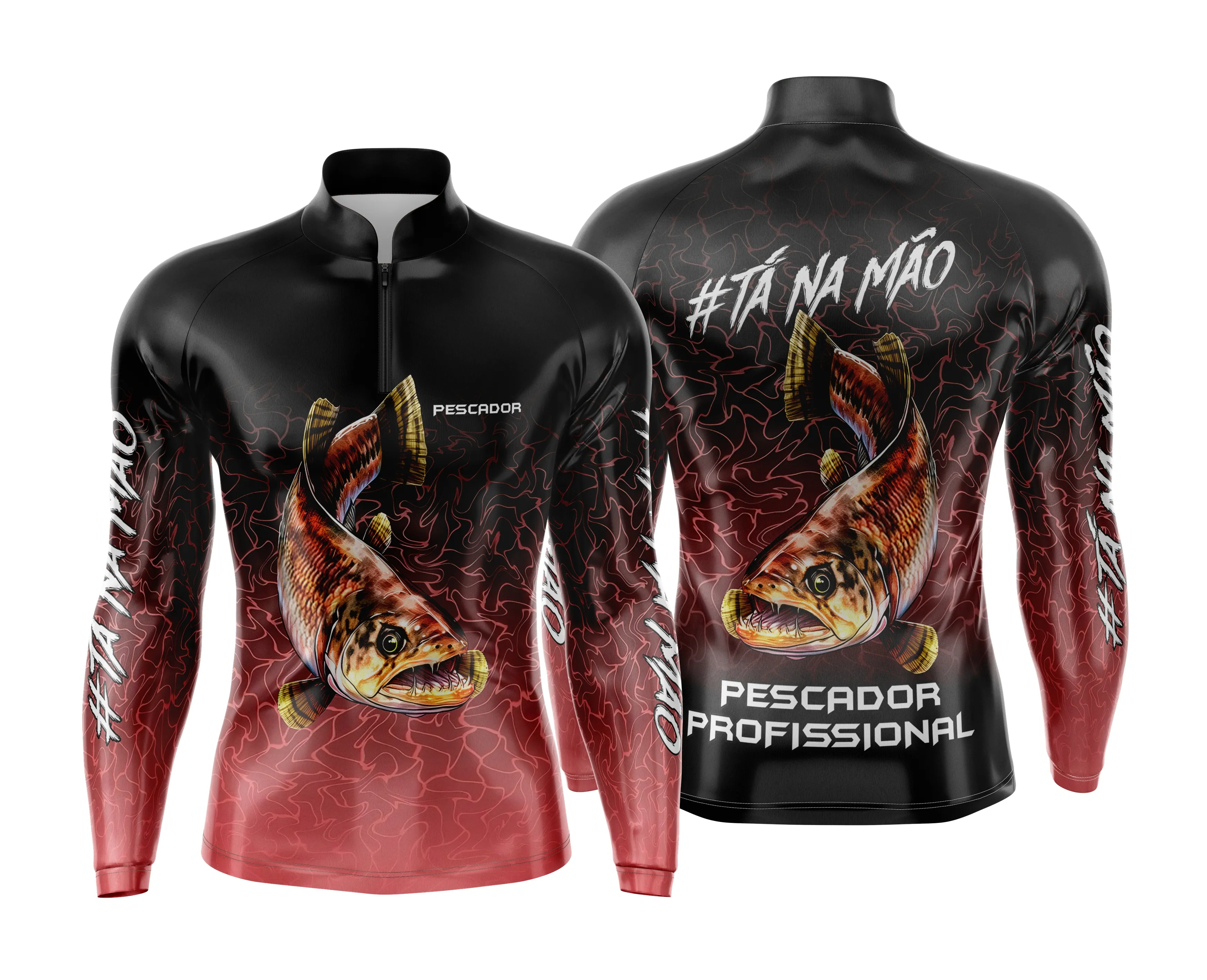 Camiseta unissex preta com logo no peito e estampa grande nas costas com tema de pesca esportiva personalizada, ideal para aventuras ao ar livre.