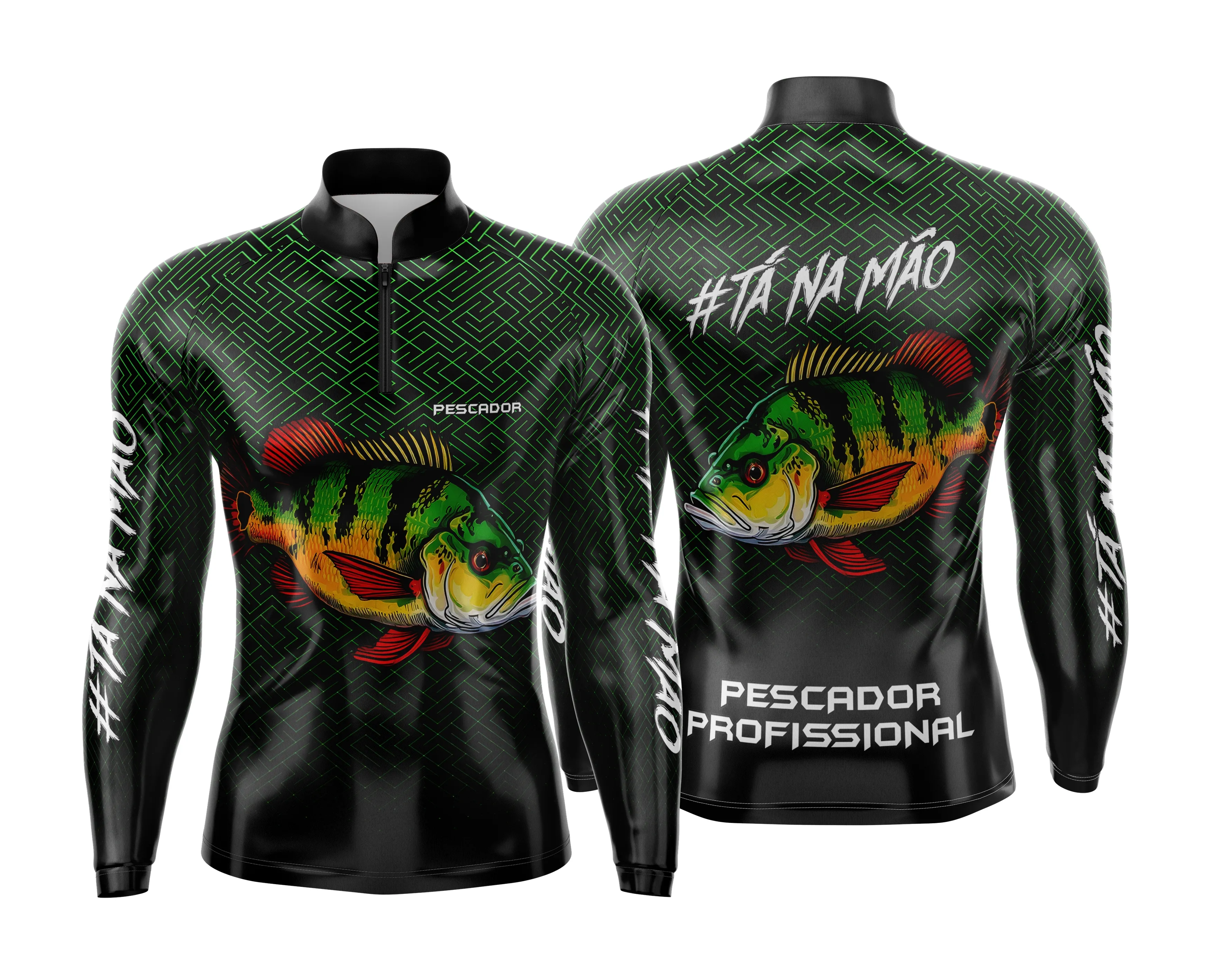 Camiseta unissex preta com logo no peito e estampa grande nas costas inspirada em pesca esportiva, ideal para quem busca estilo e conforto em suas aventuras ao ar livre.