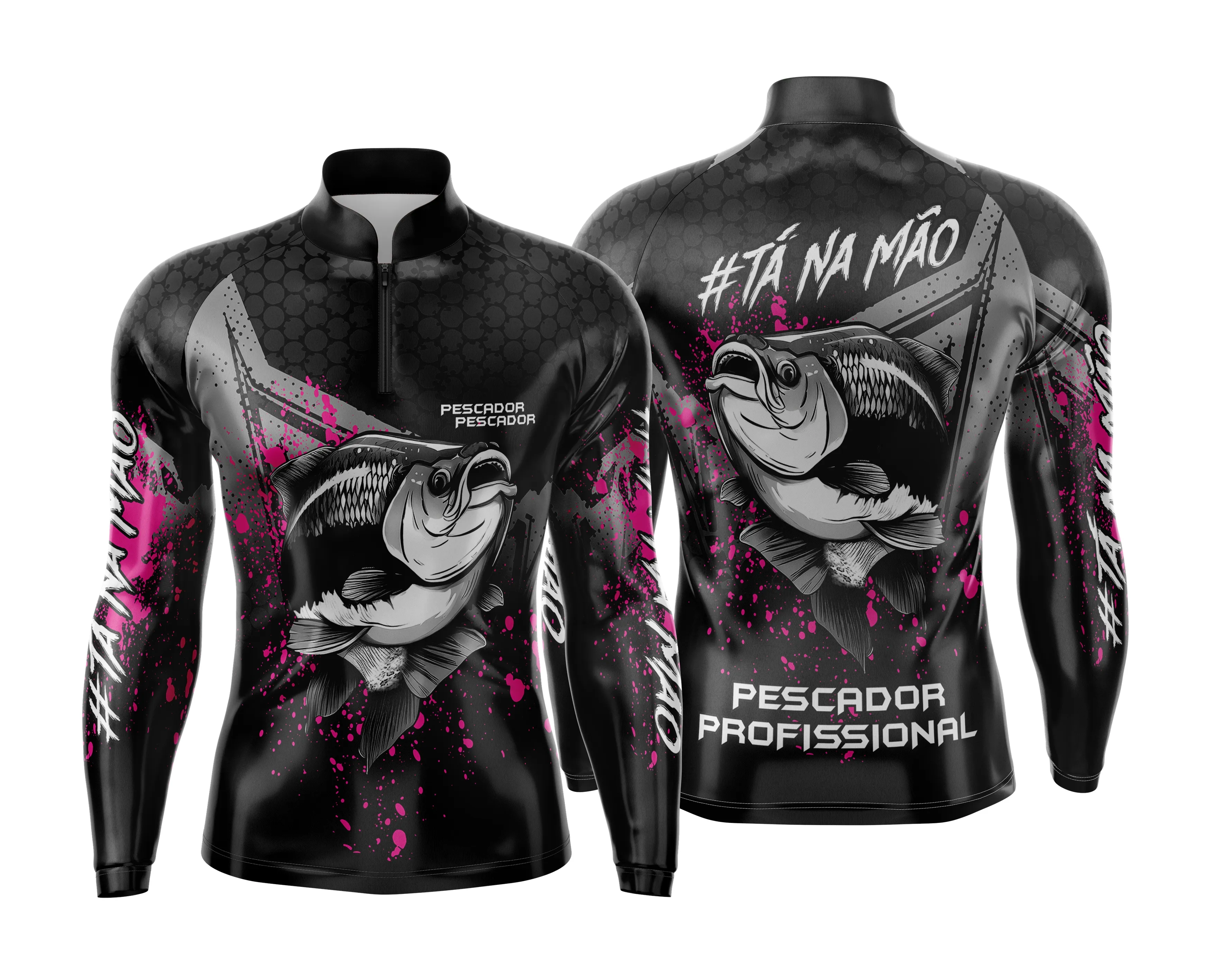 Camiseta unissex preta com logo no peito e estampa grande nas costas, com tema de pesca esportiva personalizada para amantes da pesca.