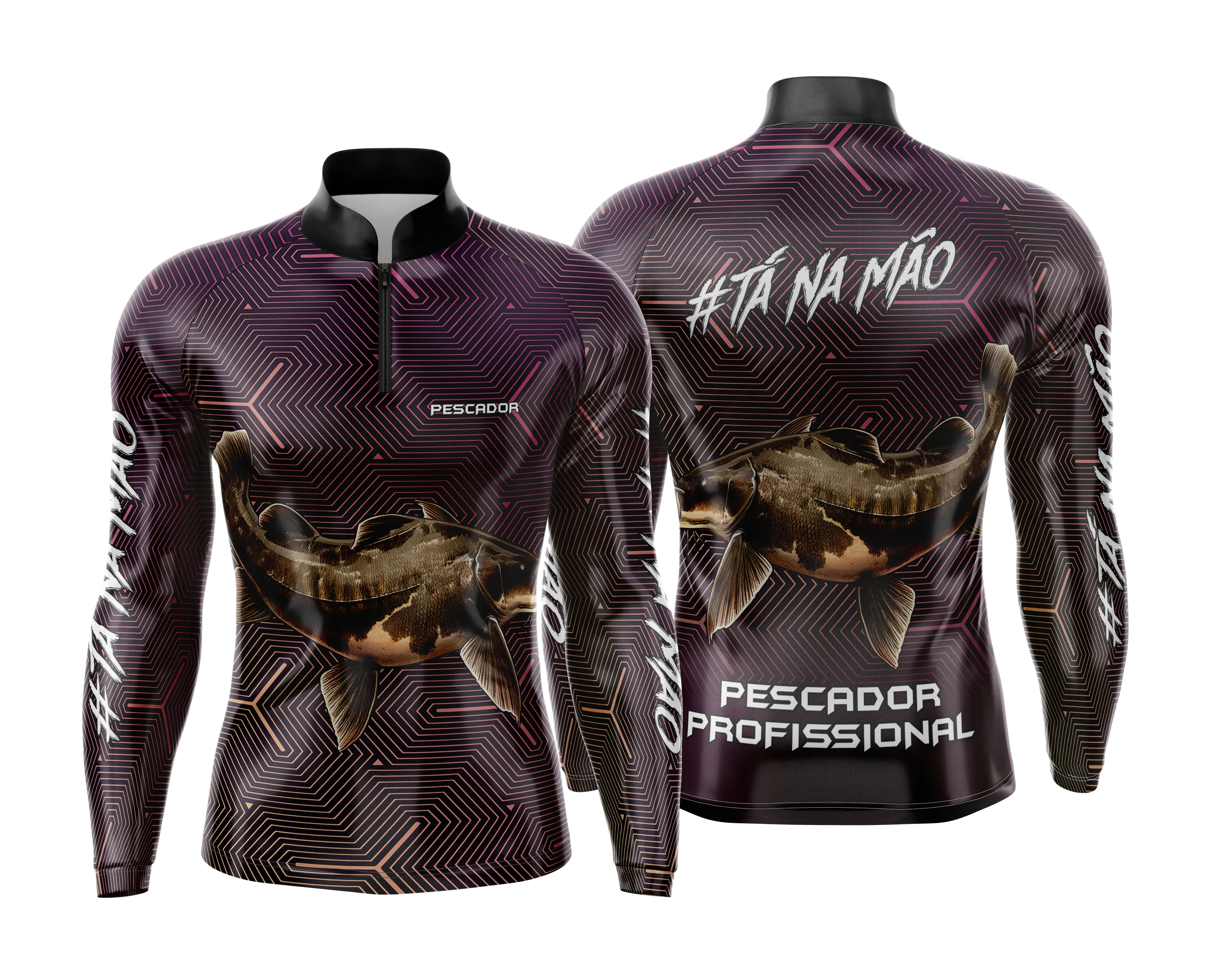 Camiseta preta unissex com logo no peito e estampa grande nas costas inspirada em pesca esportiva personalizada, ideal para aventuras ao ar livre e eventos temáticos.