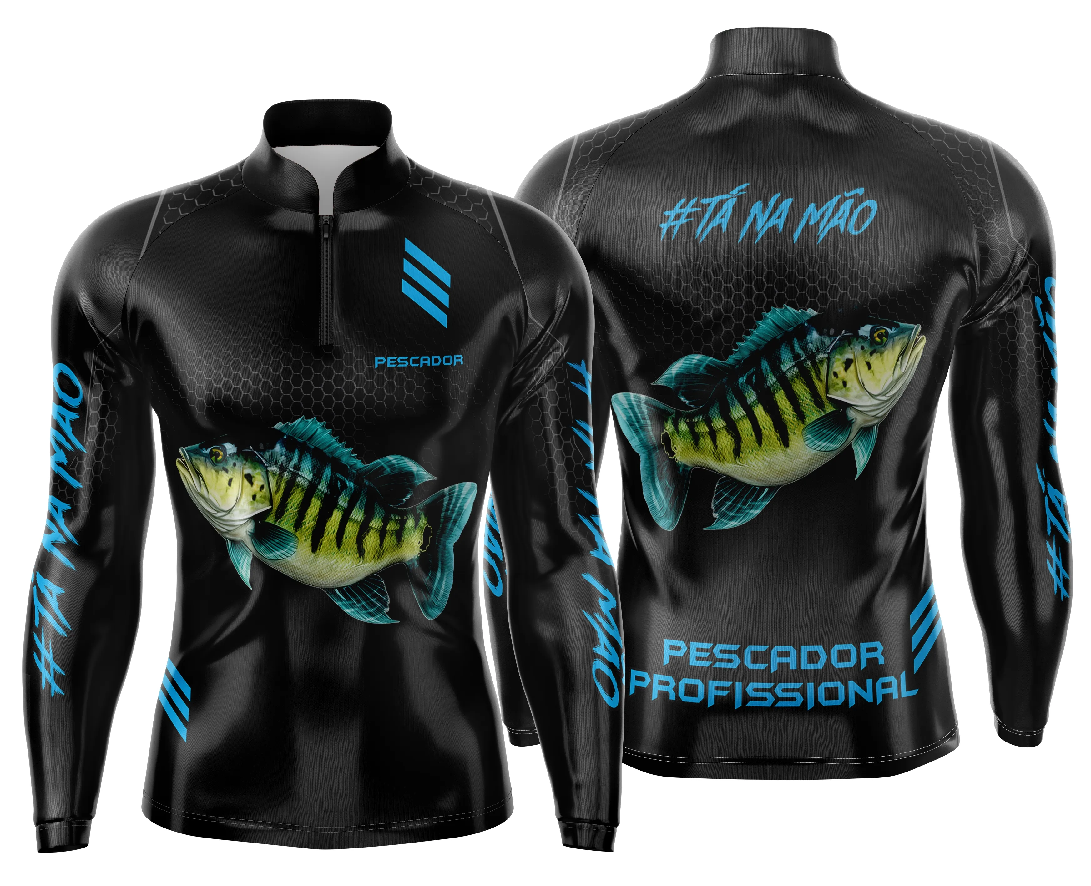 Camiseta preta unissex com logo no peito e estampa grande nas costas mostrando temas de pesca esportiva personalizada, perfeita para amantes de pesca.