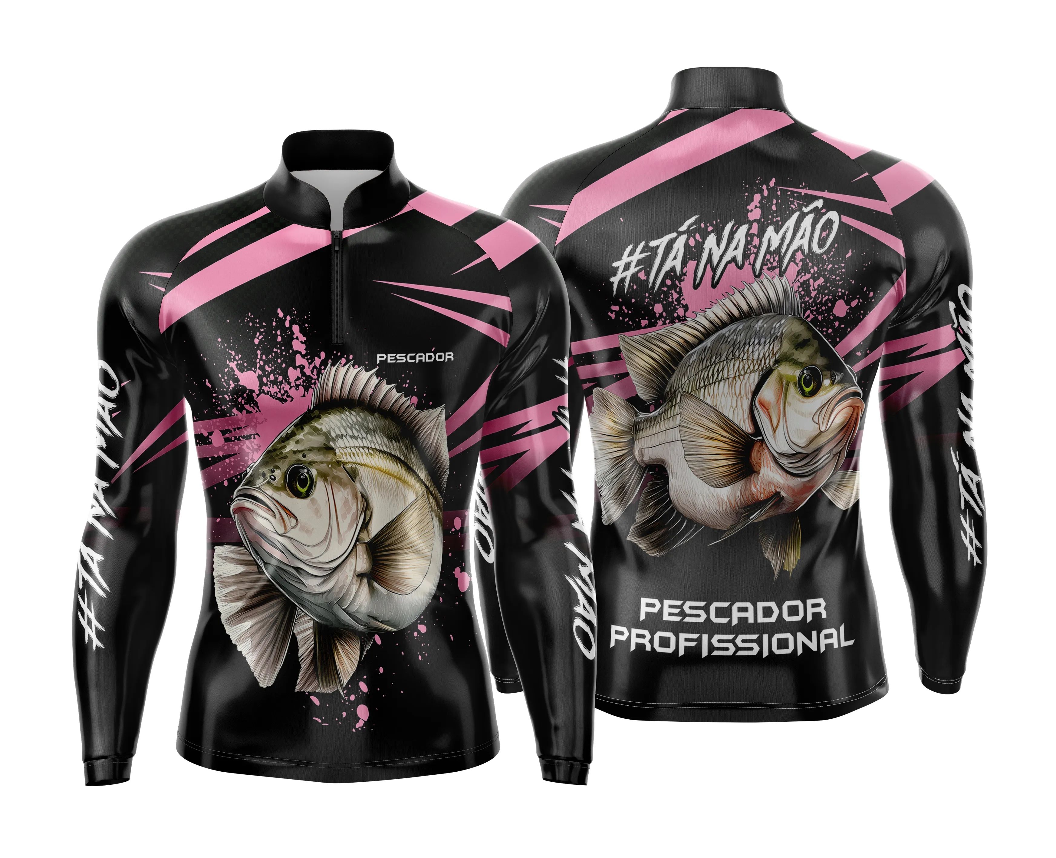 Camiseta unissex preta com logo no peito e estampa grande nas costas inspirada em pesca esportiva personalizada, ideal para fãs do esporte
