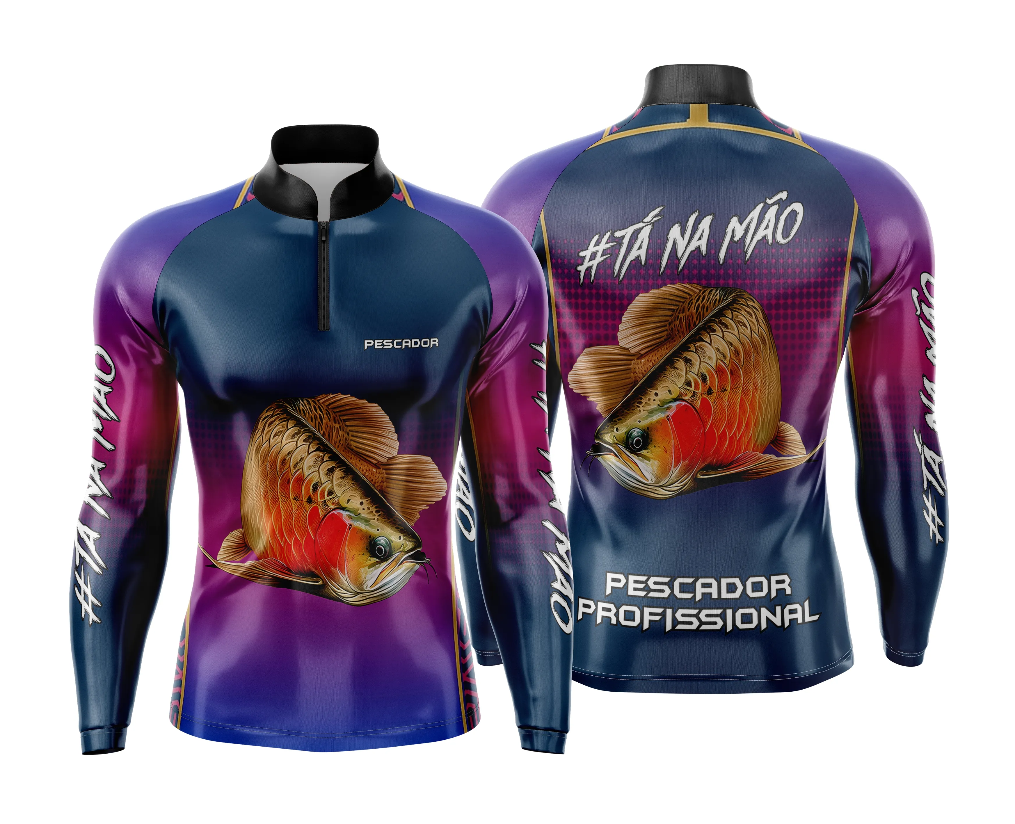 Camiseta unissex preta com logo no peito e estampa grande nas costas temática de pesca esportiva personalizada, ideal para aventureiros e amantes do esporte.