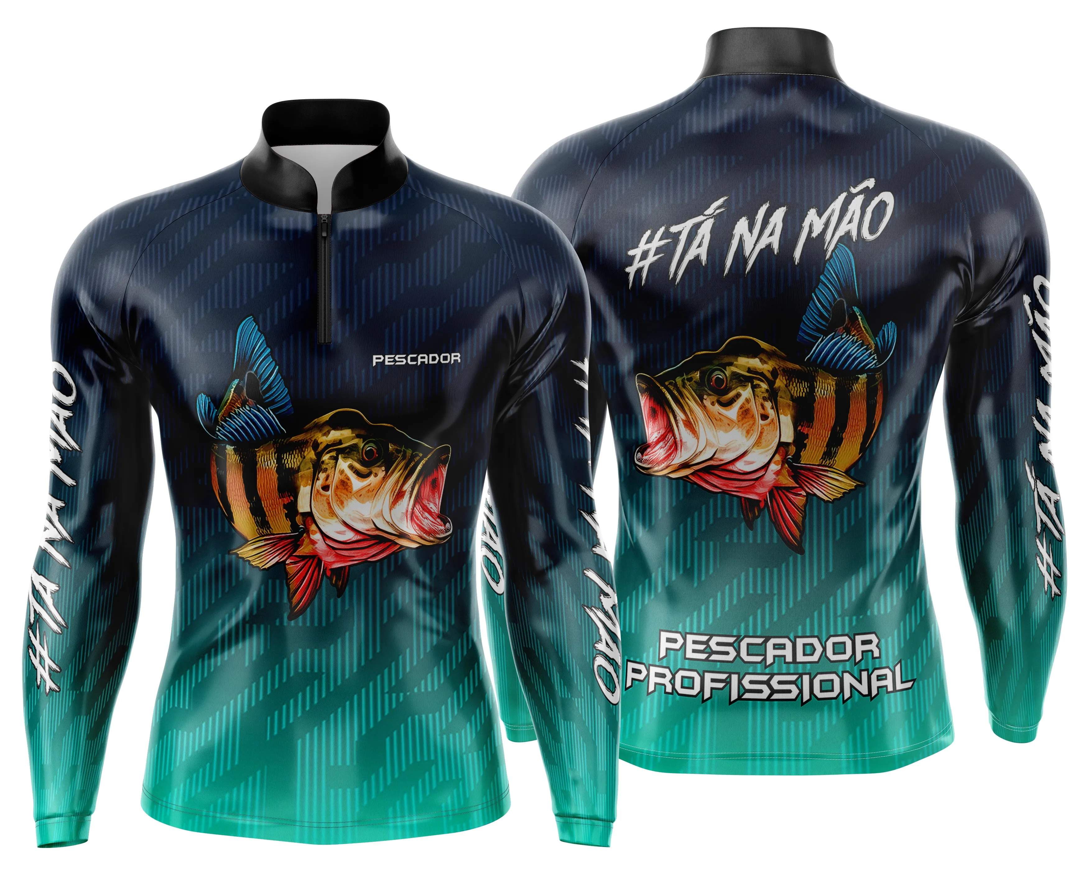 Camiseta unissex branca com logo no peito e estampa grande nas costas com tema pesca esportiva personalizada, ideal para momentos ao ar livre e diversão no esporte.