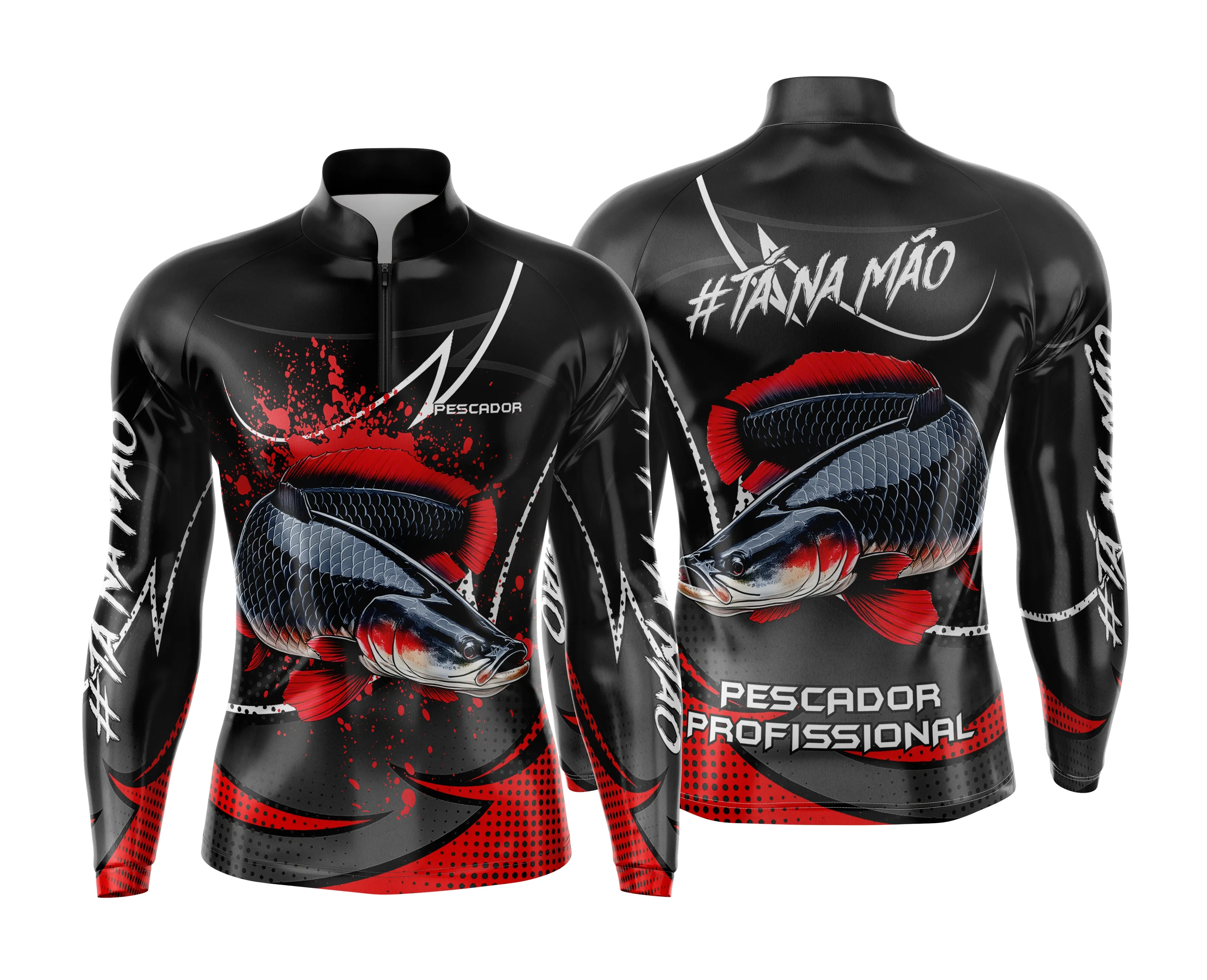 Camiseta unissex preta com logo no peito e estampa grande nas costas, tema pesca esportiva personalizada, design vibrante e moderno, perfeita para amantes da pesca.